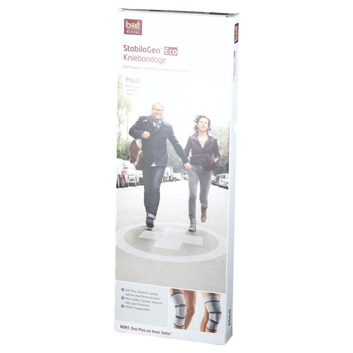 Verpackung der Kniebandage BORT StabiloGen® Eco. Aufdruck: Produktname, Logo, Abbildung von Personen und Kniebandage.