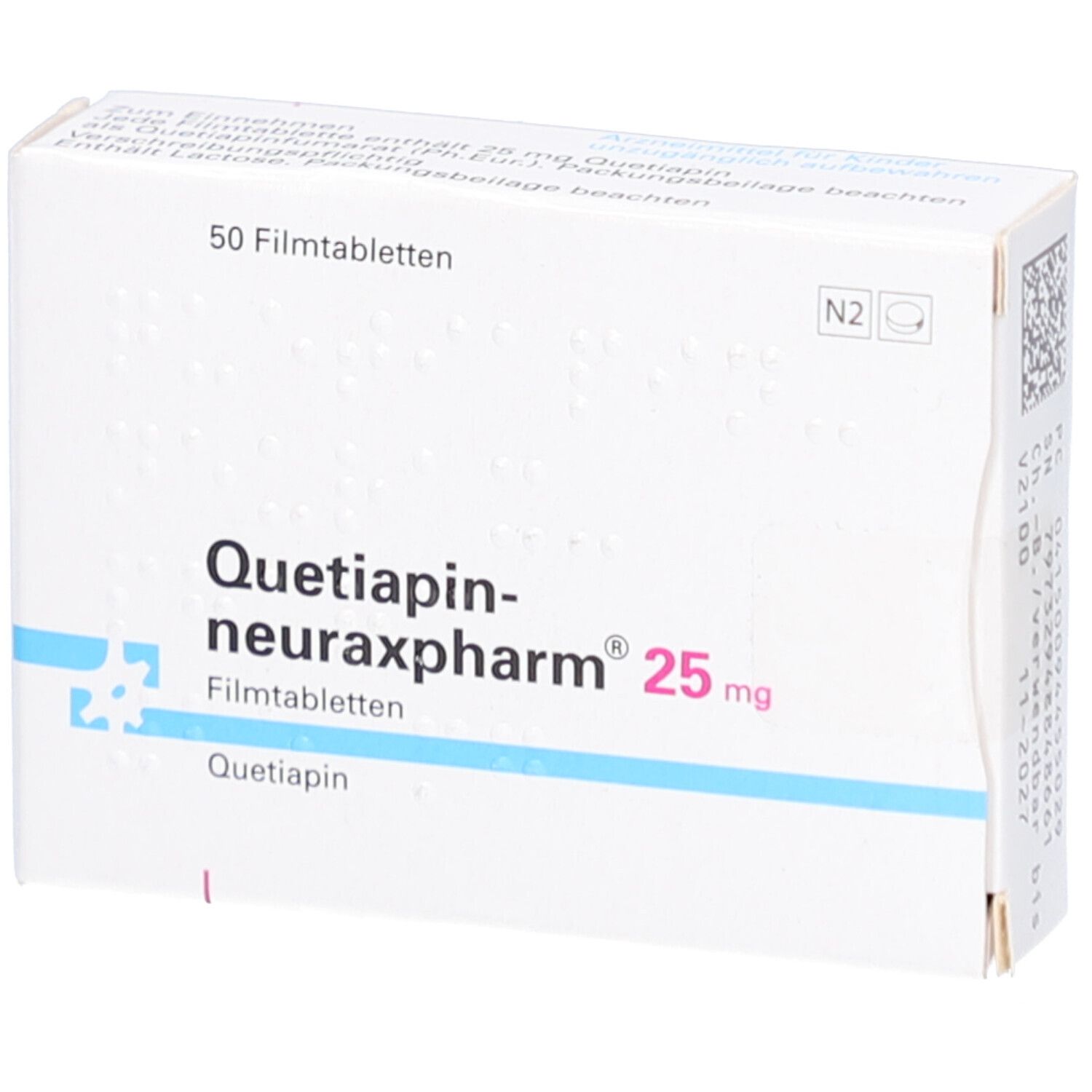 Schachtel mit "Quetiapin-neuraxpharm 25 mg". 50 Filmtabletten. Blaue und rote Akzente. Weiße Verpackung.