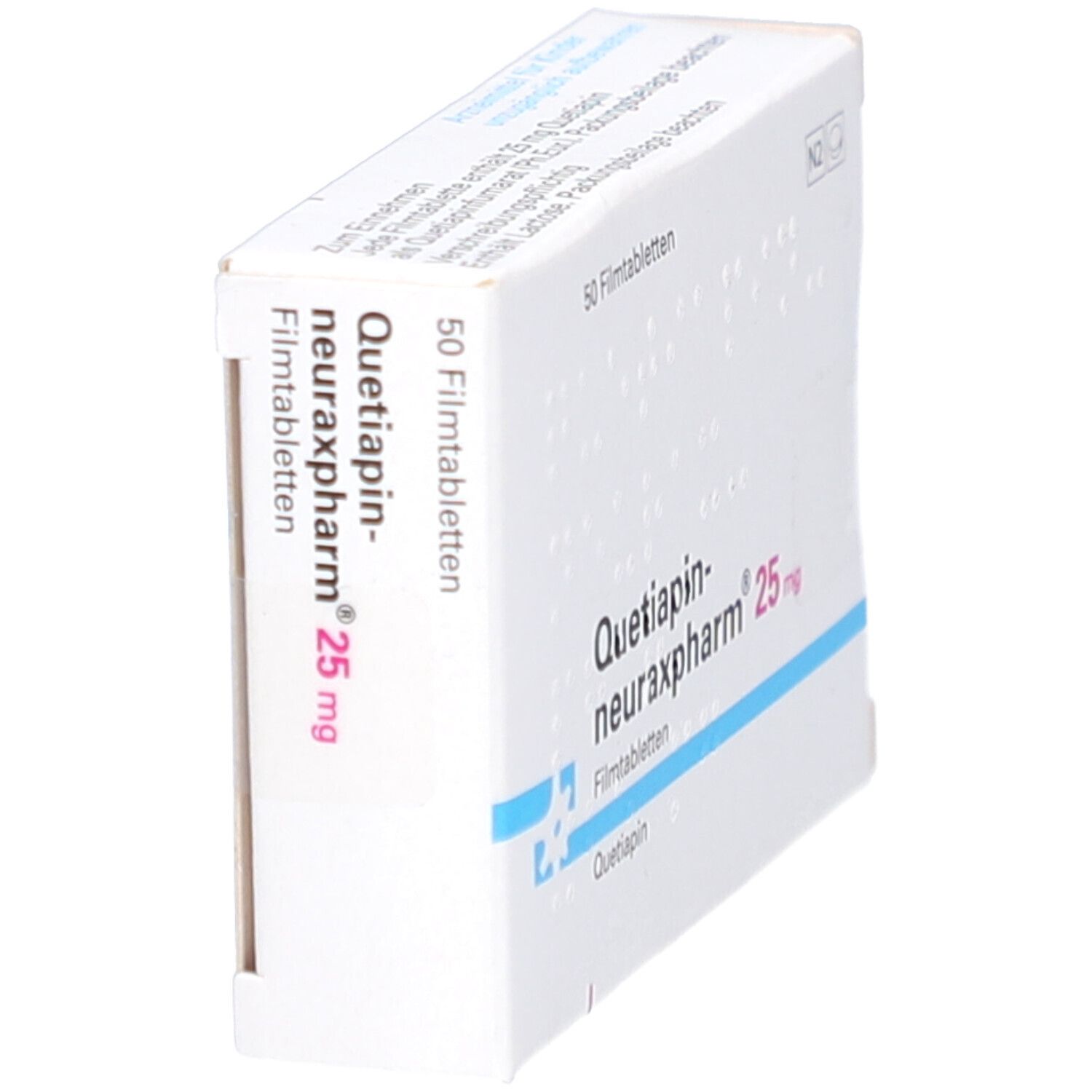 Schachtel "Quetiapin-neuraxpharm 25 mg". 50 Filmtabletten. Weiße Verpackung mit blauen und roten Akzenten. Seitenansicht.