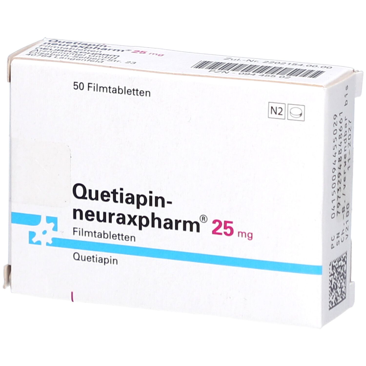Schachtel "Quetiapin-neuraxpharm 25 mg". 50 Filmtabletten. Weiße Verpackung mit blauen und roten Akzenten. Ansicht von oben.