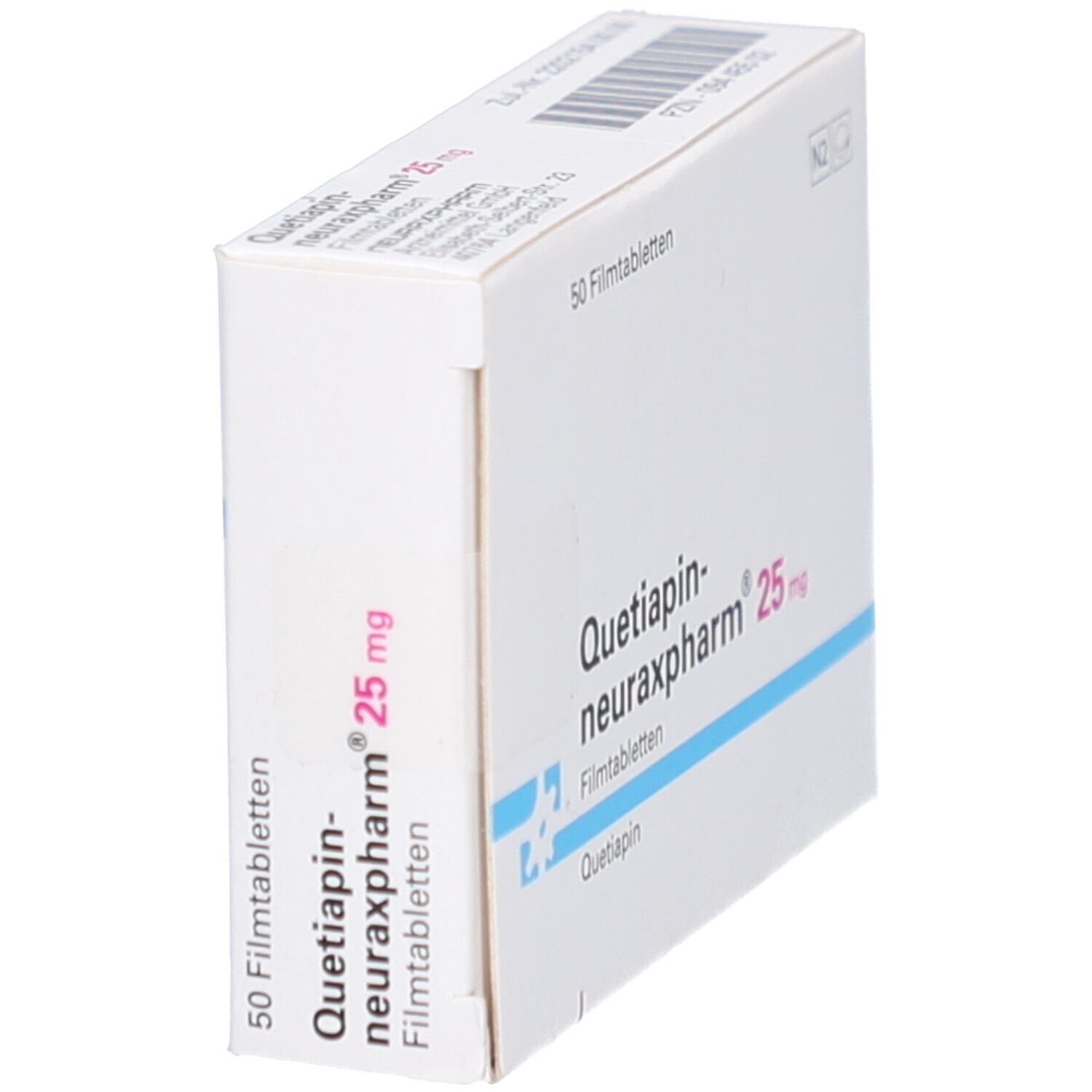 Schachtel "Quetiapin-neuraxpharm 25 mg". 50 Filmtabletten. Weiße Verpackung mit blauen und roten Akzenten. Schräge Ansicht.