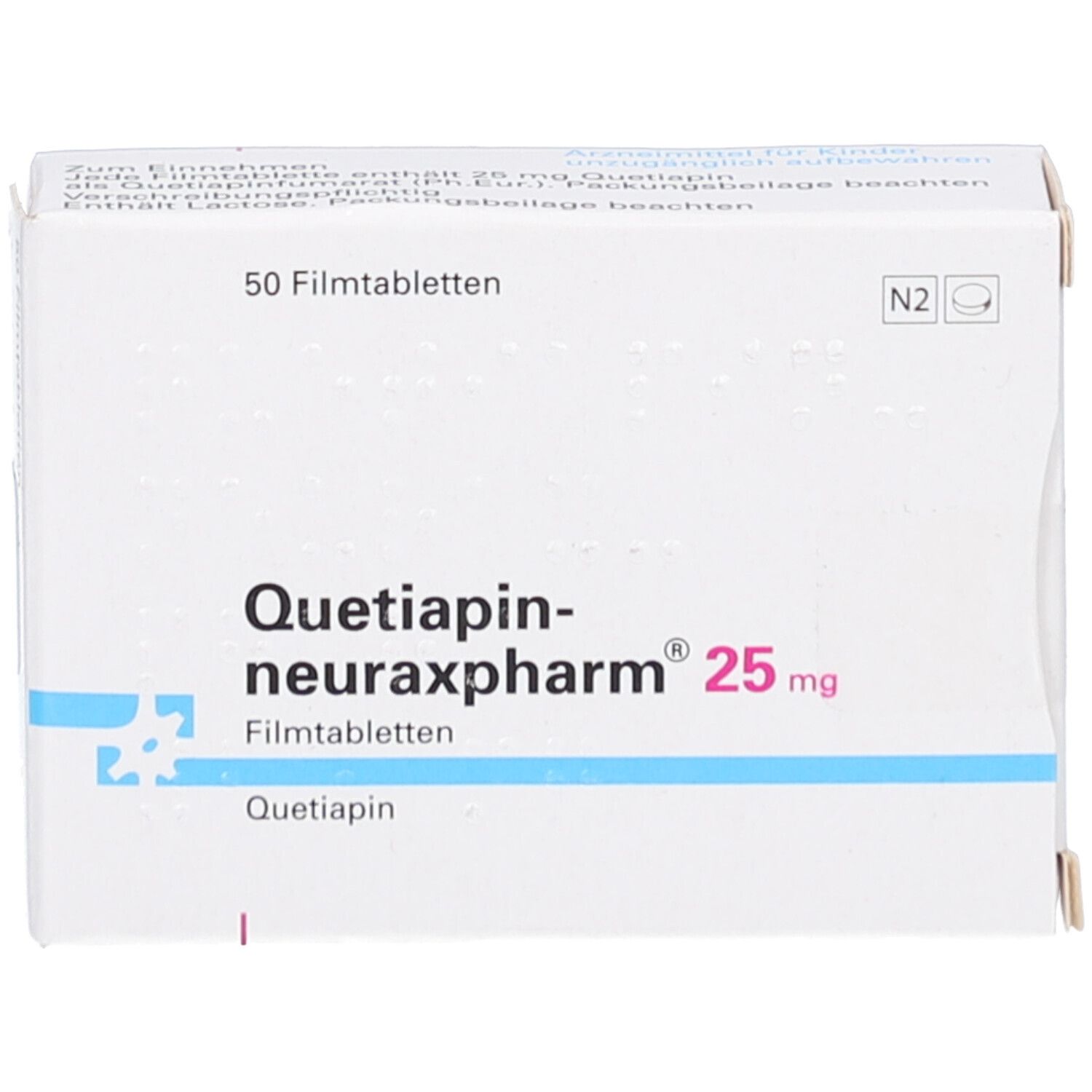 Schachtel "Quetiapin-neuraxpharm 25 mg". 50 Filmtabletten. Weiße Verpackung mit blauen und roten Akzenten. Draufsicht.