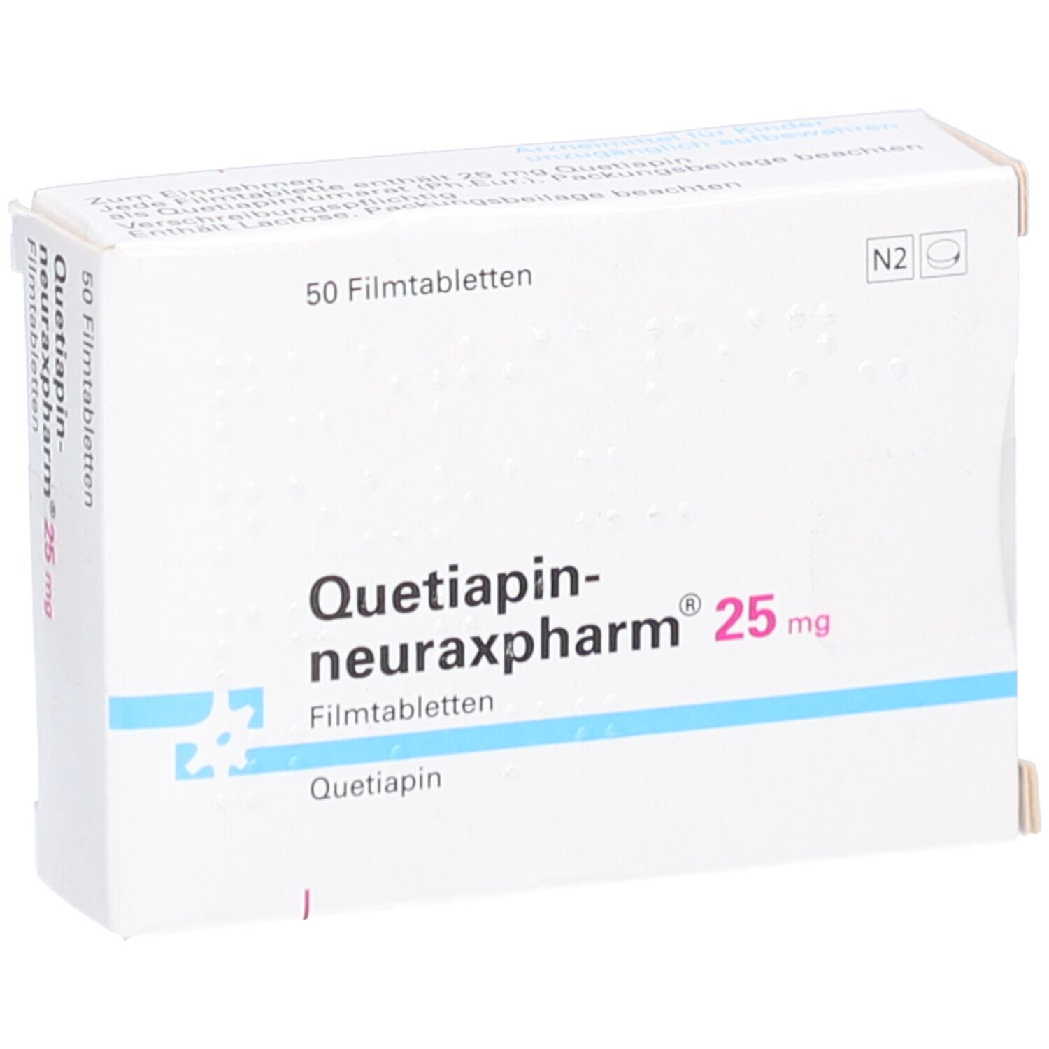 Schachtel "Quetiapin-neuraxpharm 25 mg". 50 Filmtabletten. Weiße Verpackung mit blauen und roten Akzenten. Ansicht.