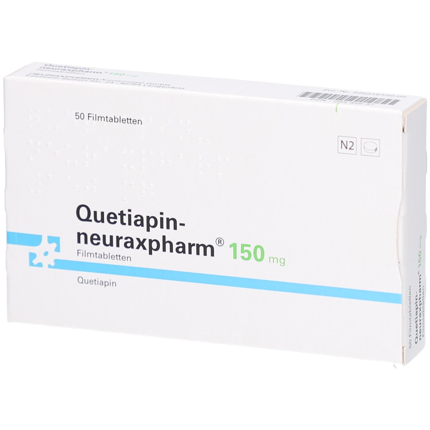 Schachtel mit QUETIAPIN-neuraxpharm 150 mg Filmtabletten. Aufschrift: 50 Filmtabletten, N2. Blaue Linie und Logo.