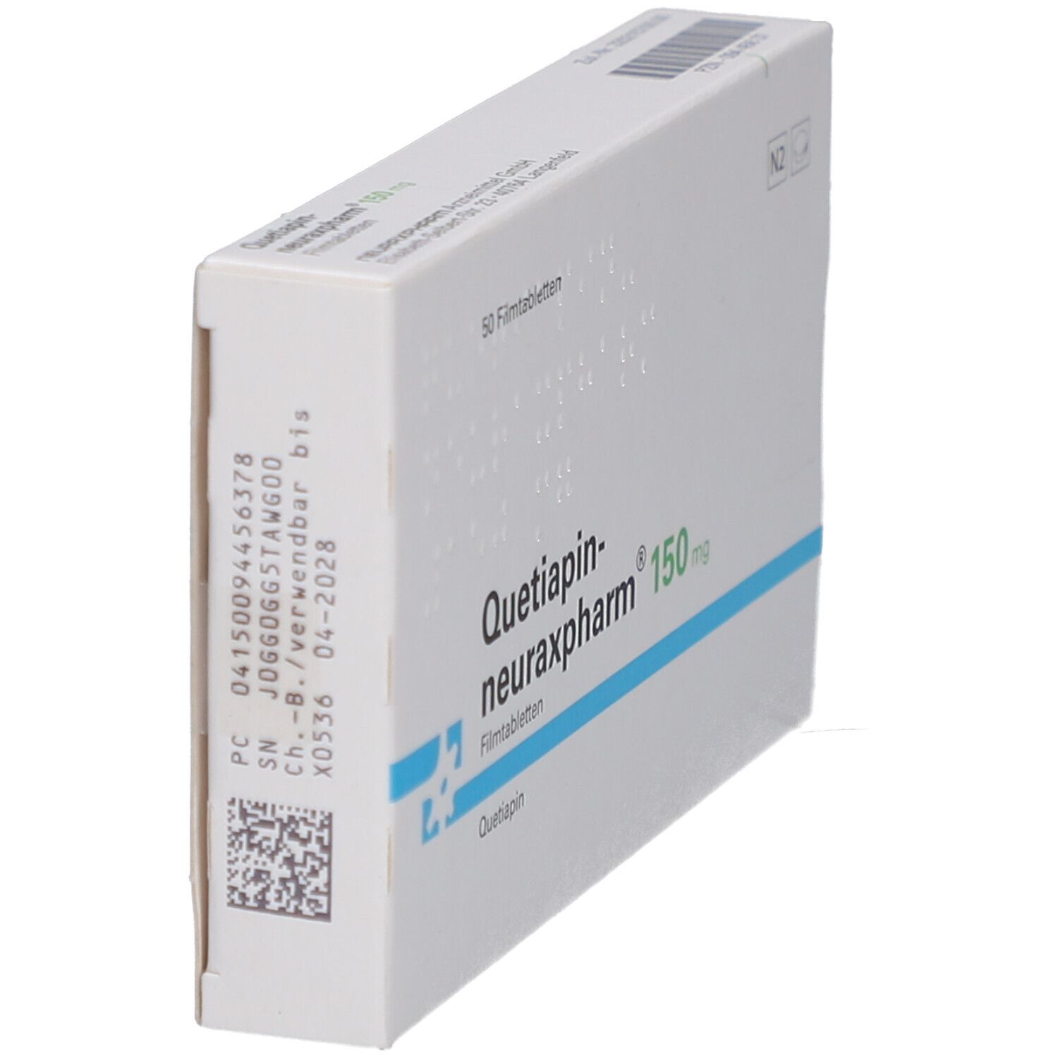 Schachtel QUETIAPIN-neuraxpharm 150 mg, schräg. Aufschrift: 50 Filmtabletten, N2. Barcode und Chargennummer.