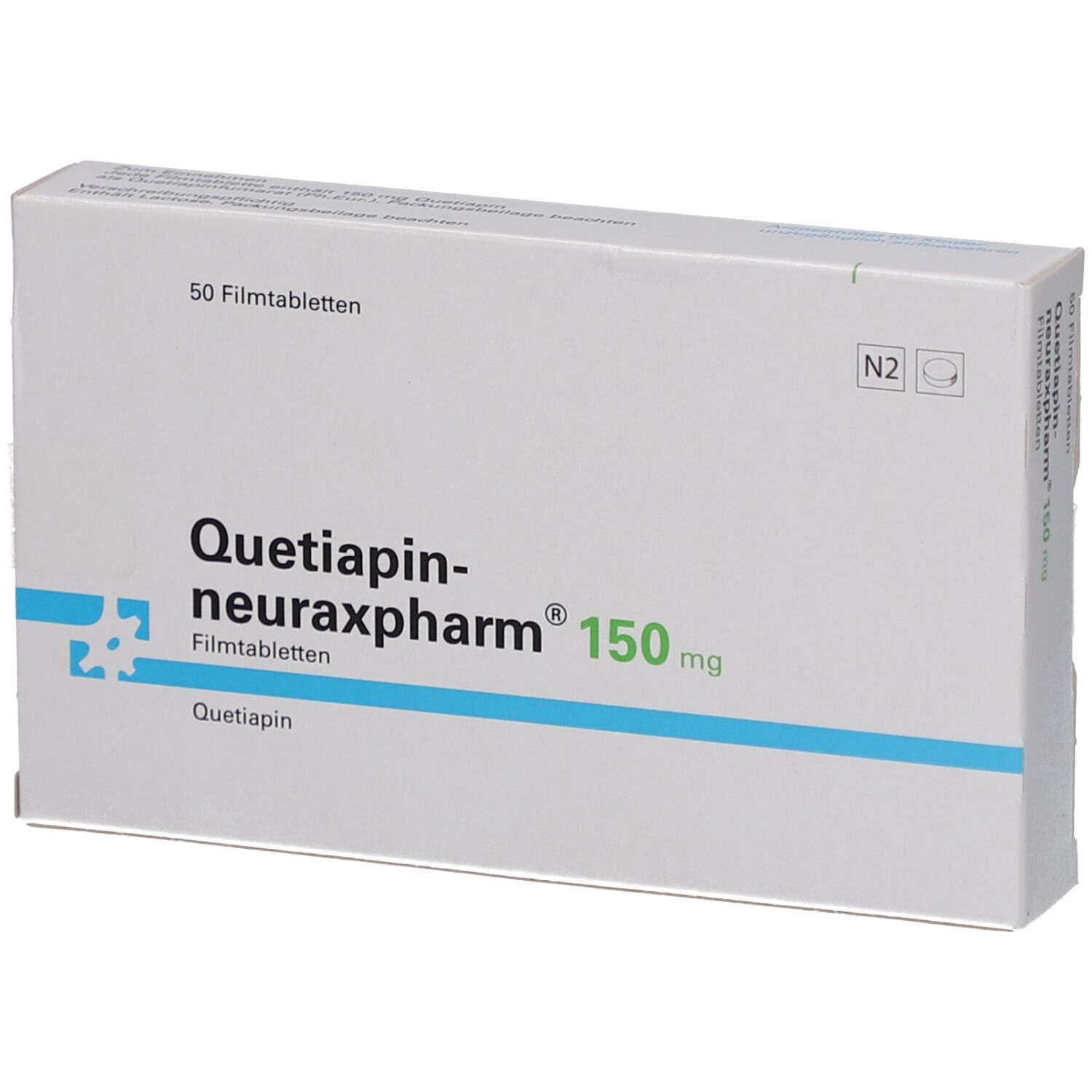 Schachtel QUETIAPIN-neuraxpharm 150 mg. Aufschrift: 50 Filmtabletten, N2. Blaue Linie und Logo. Produktname.
