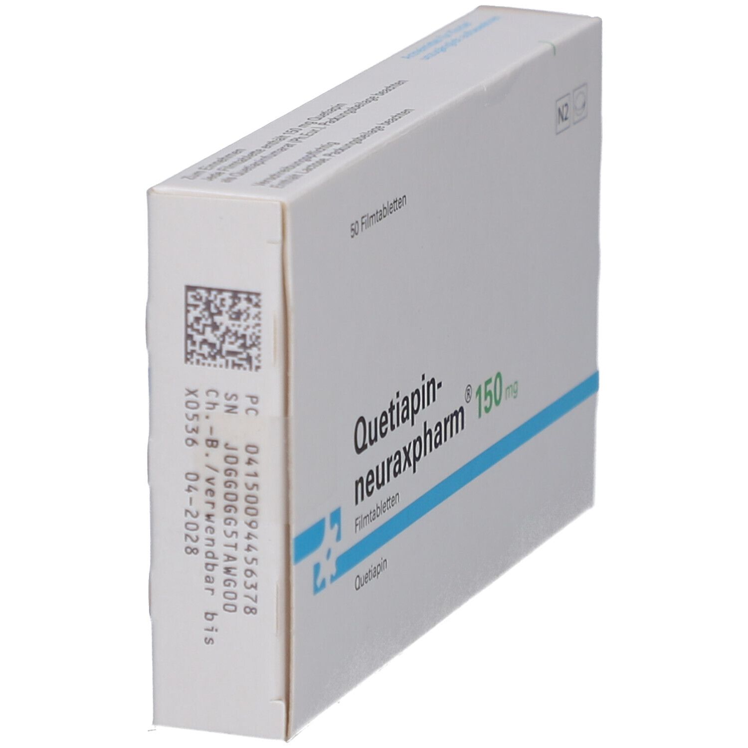 Schachtel QUETIAPIN-neuraxpharm 150 mg, schräg. Aufschrift: 50 Filmtabletten, N2. Barcode und Chargennummer.