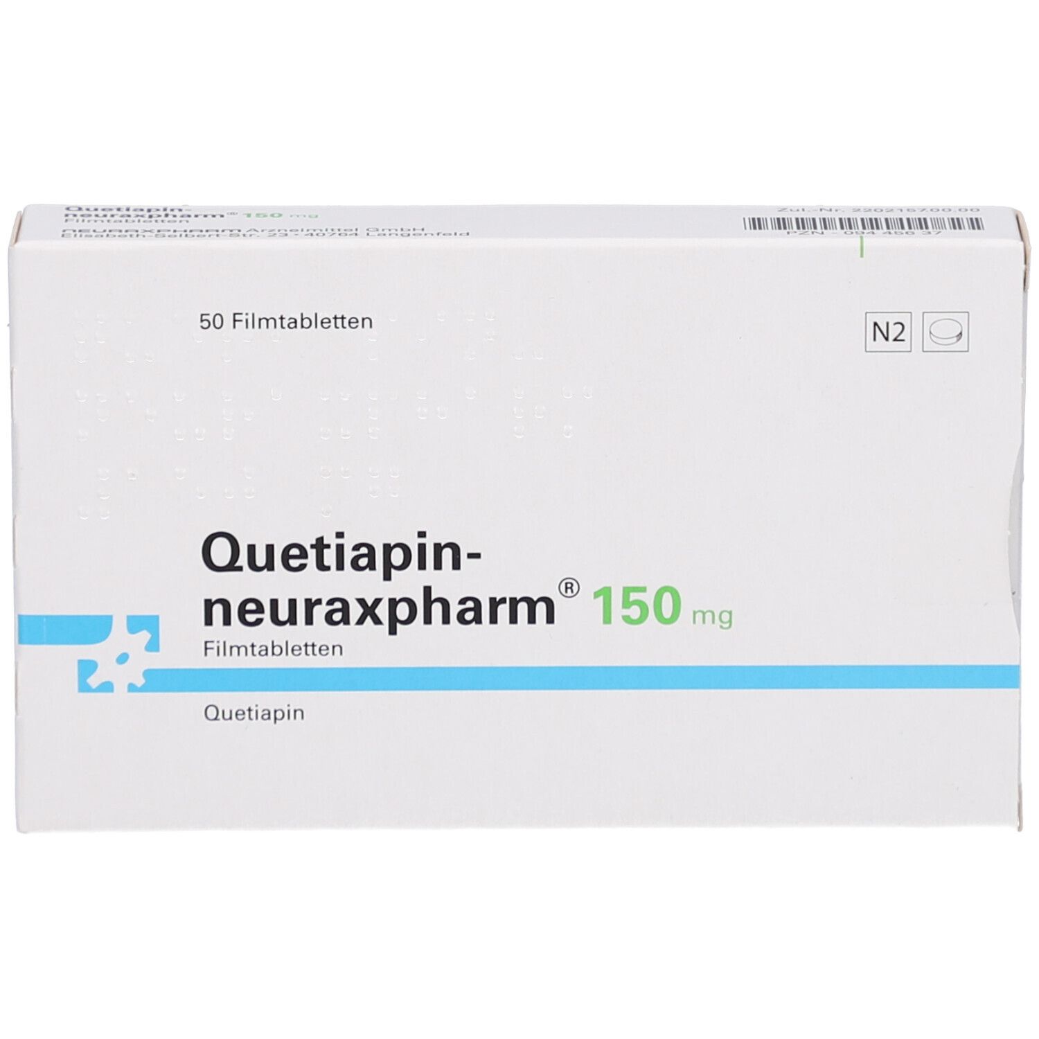 Schachtel QUETIAPIN-neuraxpharm 150 mg. Aufschrift: 50 Filmtabletten, N2. Blaue Linie und Logo. Produktname.