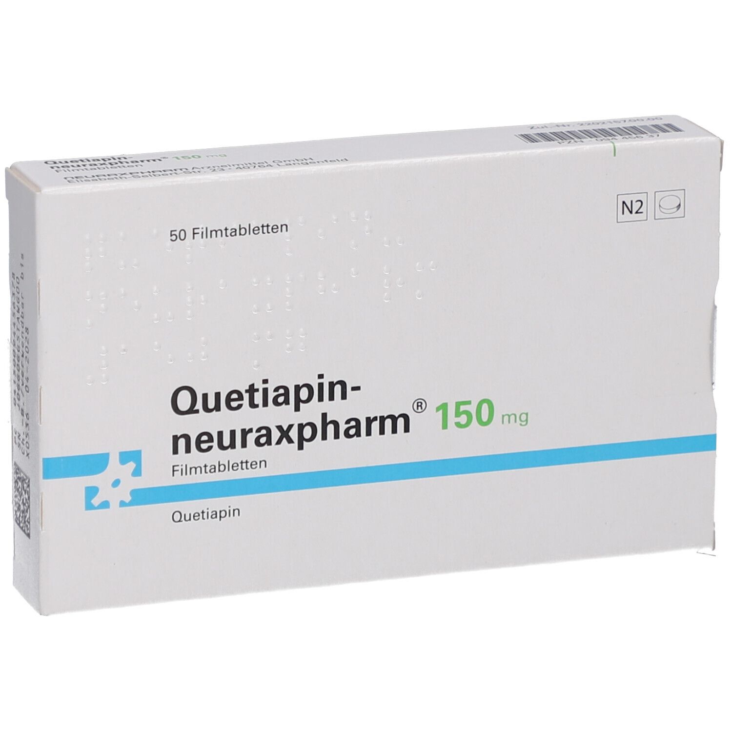 Schachtel QUETIAPIN-neuraxpharm 150 mg. Aufschrift: 50 Filmtabletten, N2. Blaue Linie und Logo. Produktname.
