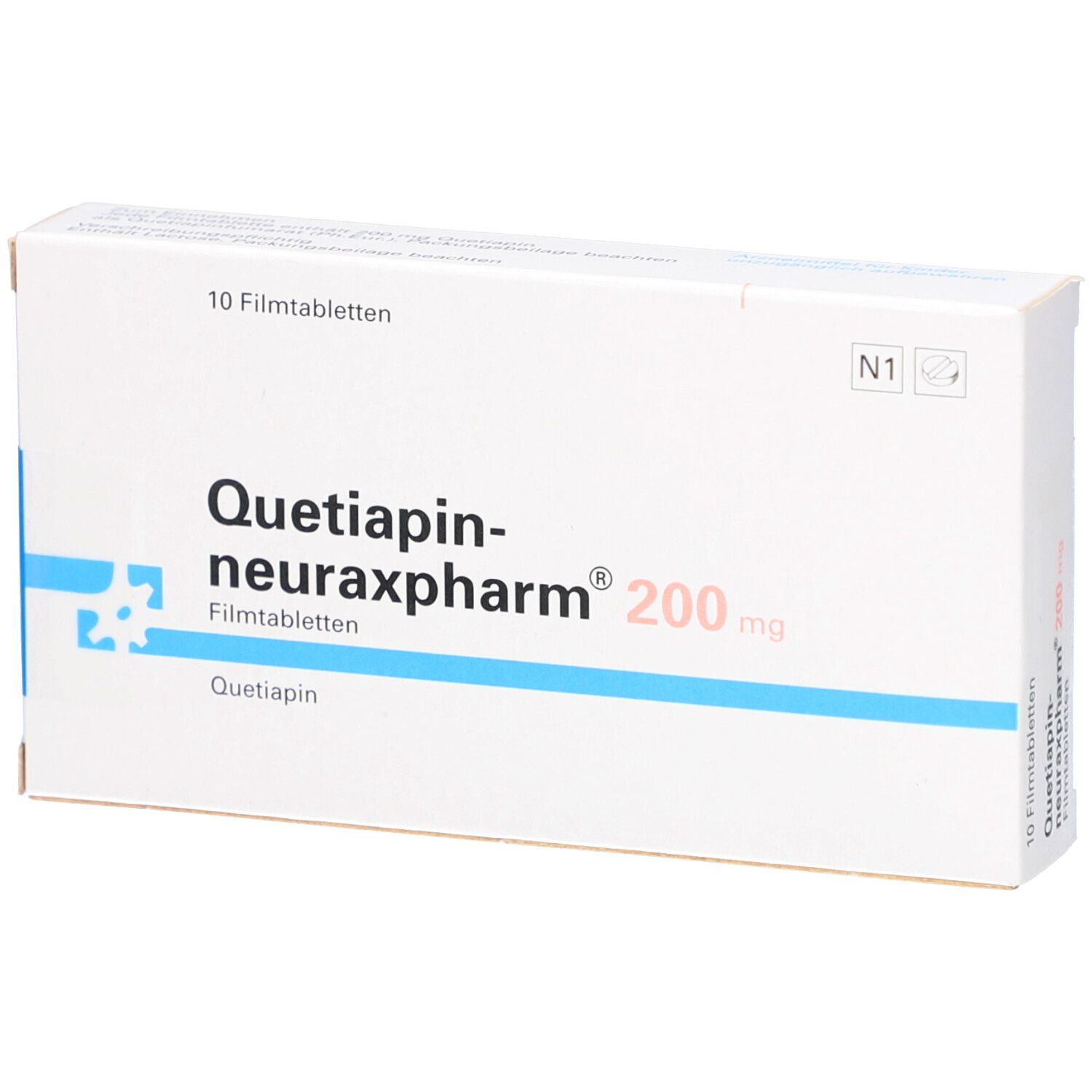 Schachtel mit QUETIAPIN-neuraxpharm 200 mg Filmtabletten. Aufschrift: 10 Filmtabletten, N1.