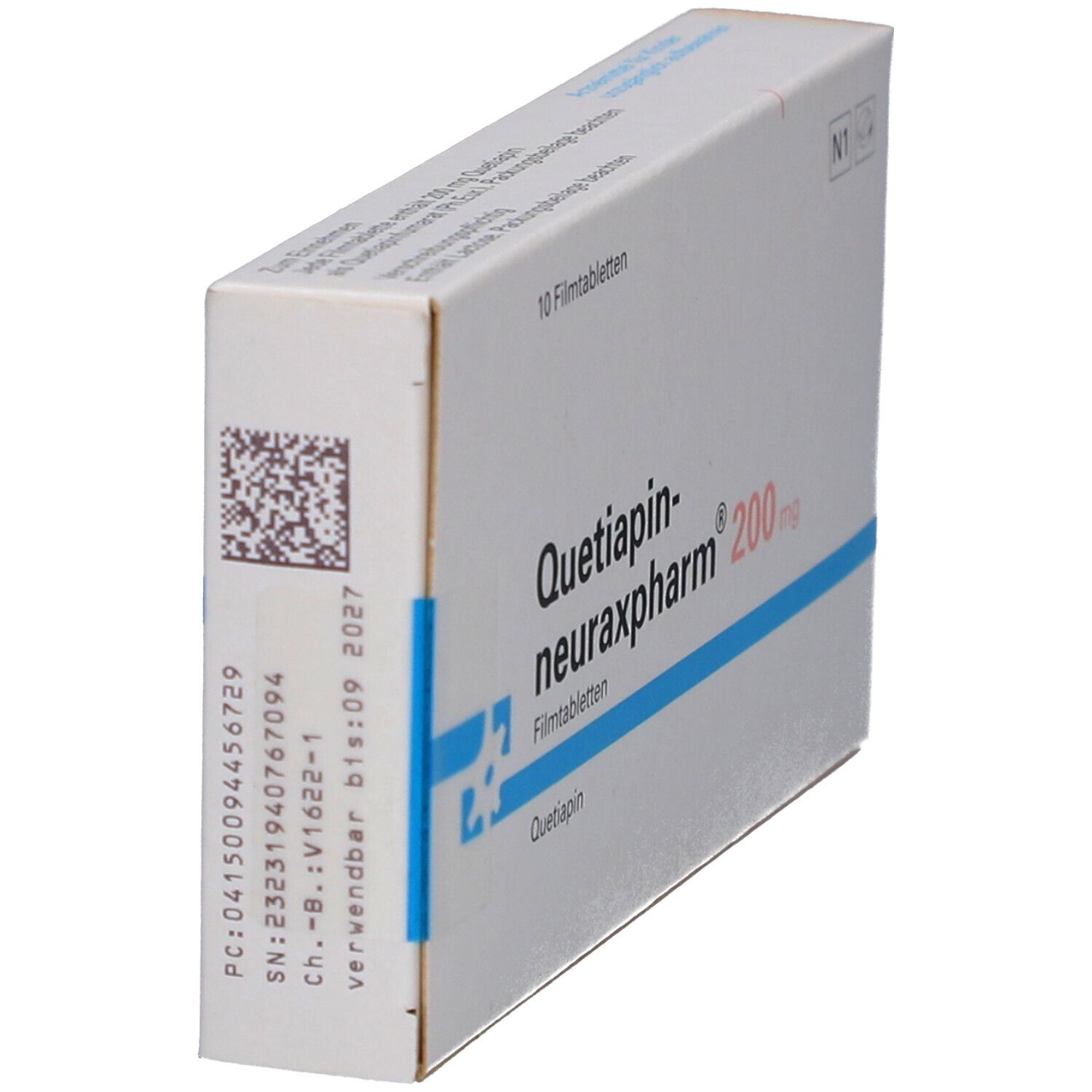 Schachtel QUETIAPIN-neuraxpharm 200 mg Filmtabletten. Aufschrift: 10 Filmtabletten, N1. Barcode und Verfallsdatum.