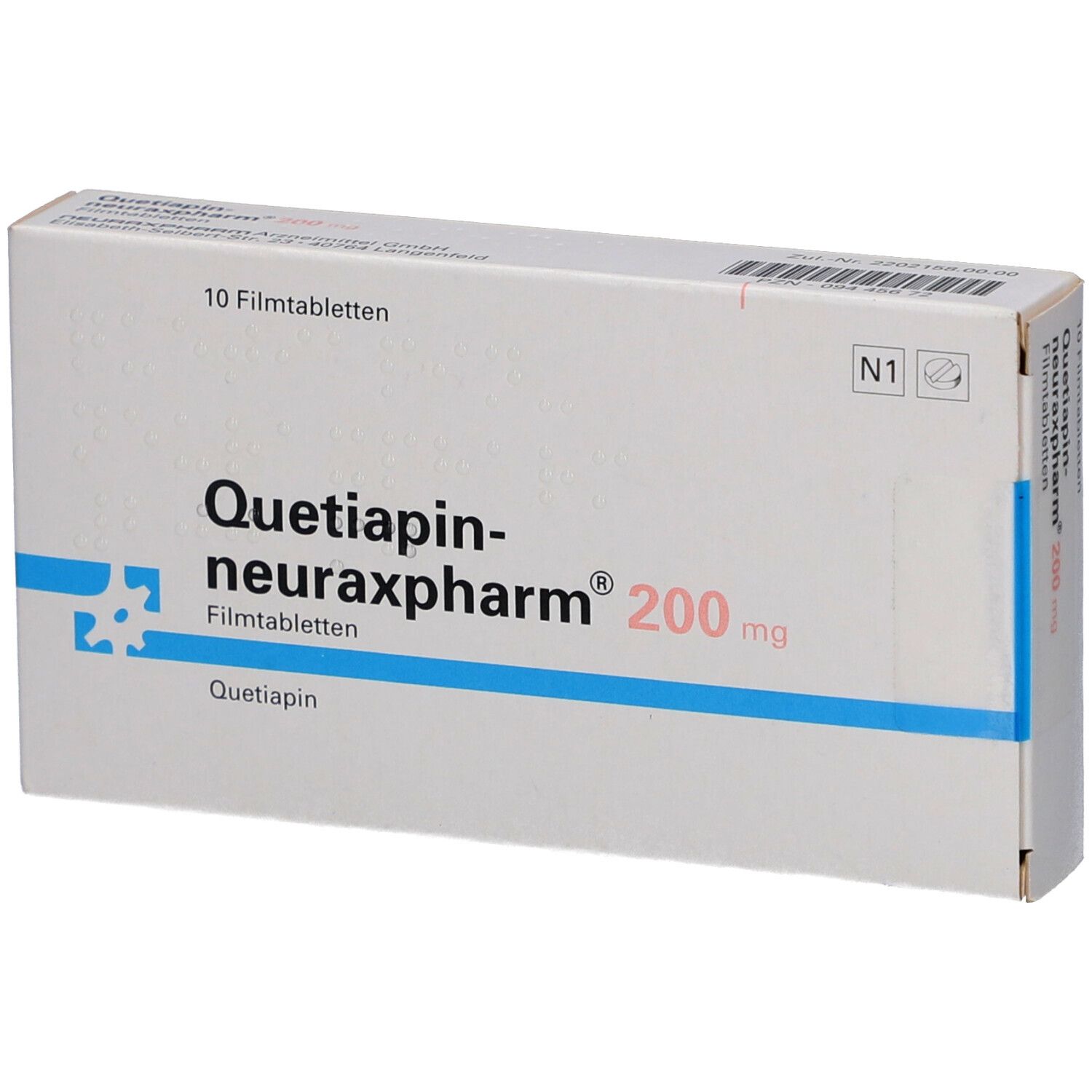 Schachtel mit QUETIAPIN-neuraxpharm 200 mg Filmtabletten. Aufschrift: 10 Filmtabletten, N1.