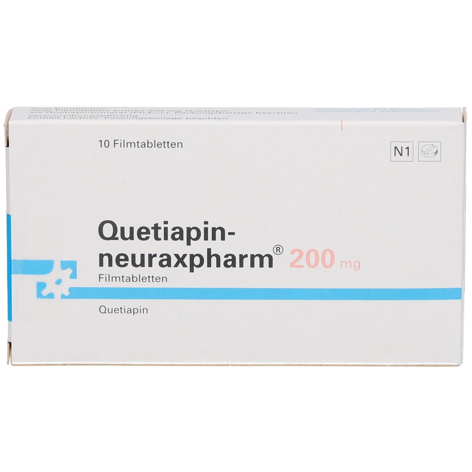 Schachtel mit QUETIAPIN-neuraxpharm 200 mg Filmtabletten. Aufschrift: 10 Filmtabletten, N1.