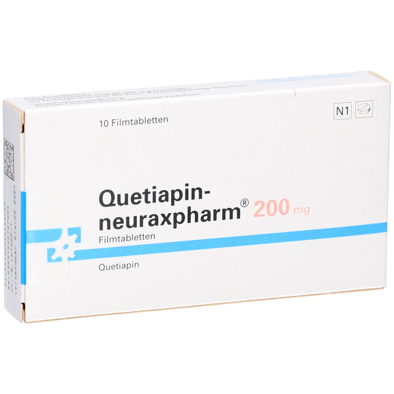 Schachtel mit QUETIAPIN-neuraxpharm 200 mg Filmtabletten. Aufschrift: 10 Filmtabletten, N1.