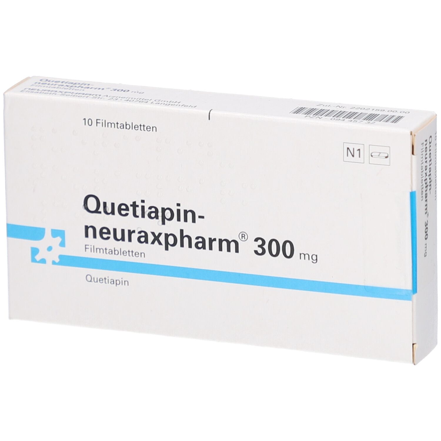 Schachtel mit Tabletten. Aufschrift: Quetiapin-neuraxpharm 300 mg. 10 Filmtabletten. Blaue und weiße Farbgebung.