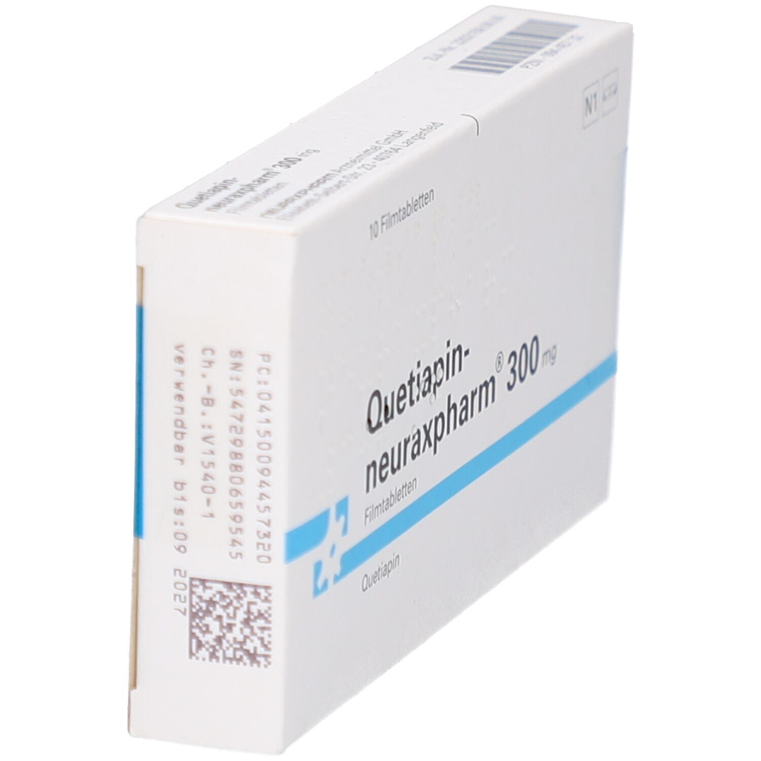 Schachtel, seitliche Ansicht. Aufschrift: Quetiapin-neuraxpharm 300 mg. 10 Filmtabletten. Weiße Verpackung.