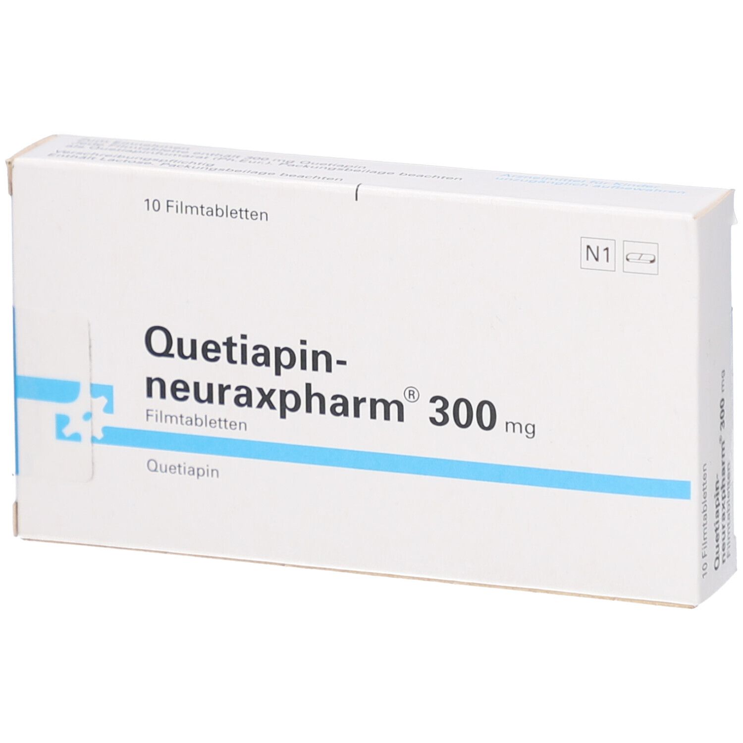 Schachtel mit Tabletten. Aufschrift: Quetiapin-neuraxpharm 300 mg. 10 Filmtabletten. Weiße Verpackung.