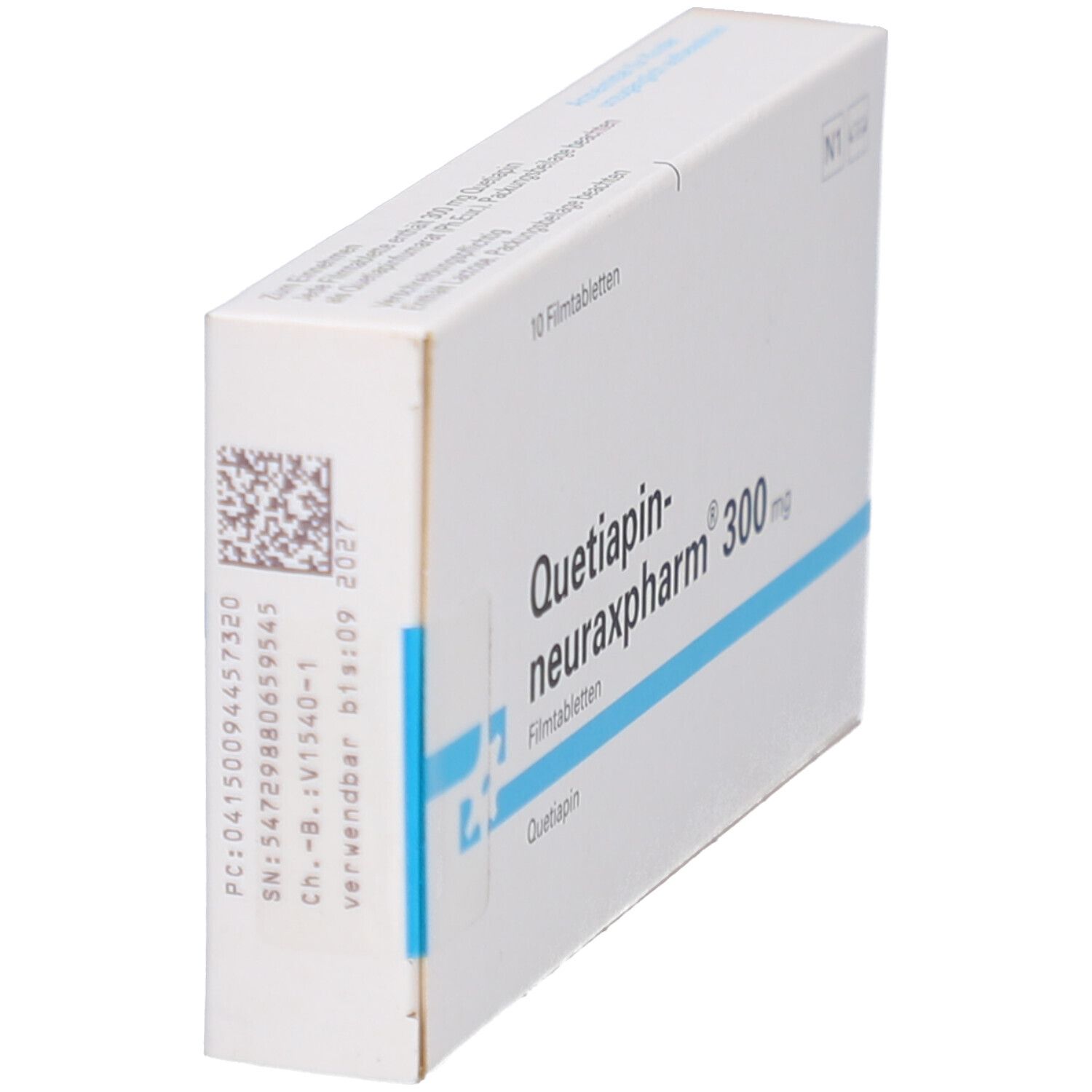 Schachtel, seitliche Ansicht. Aufschrift: Quetiapin-neuraxpharm 300 mg. 10 Filmtabletten. Weiße Verpackung.
