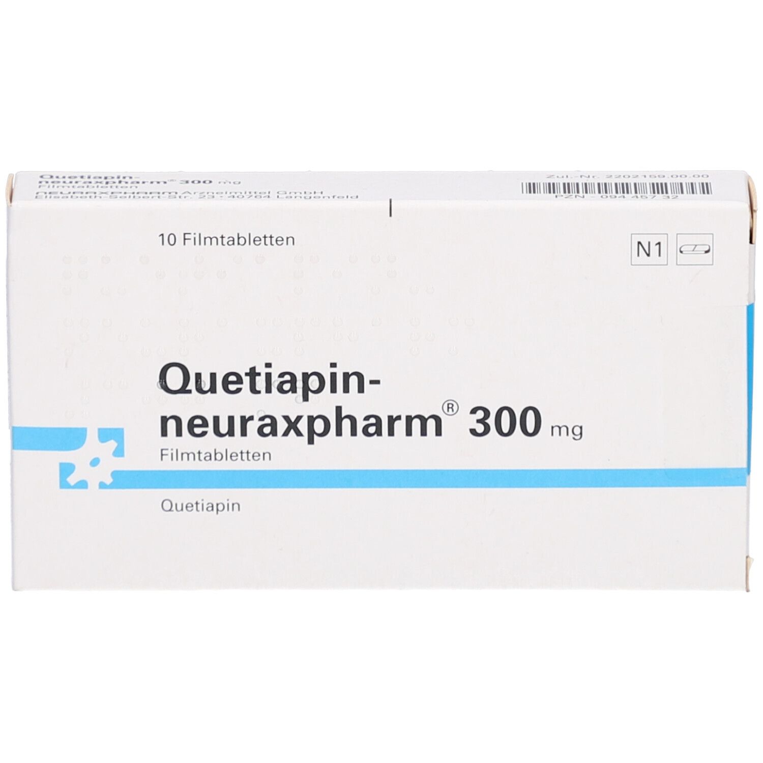 Schachtel mit Tabletten. Aufschrift: Quetiapin-neuraxpharm 300 mg. 10 Filmtabletten. Weiße Verpackung.