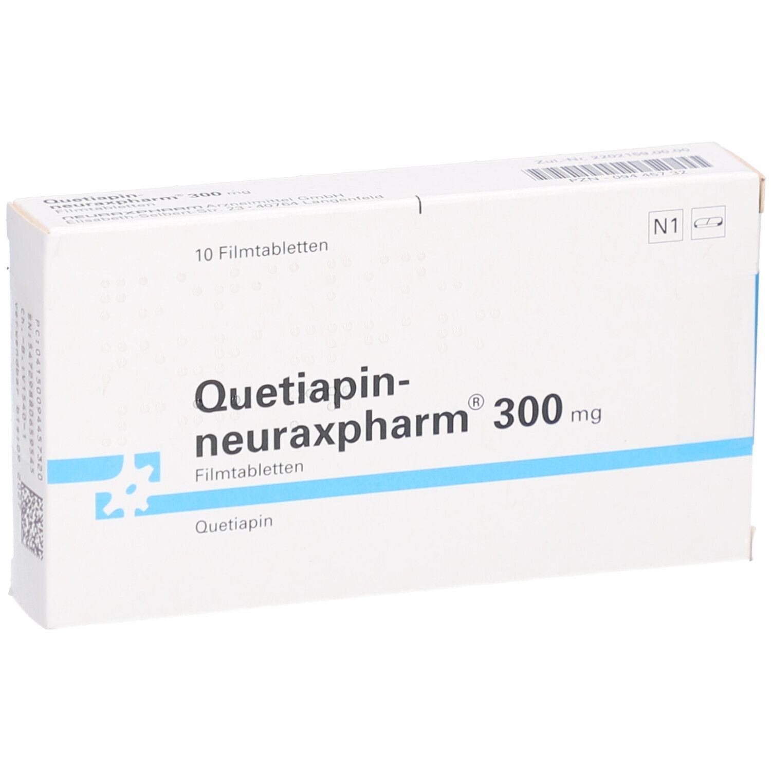 Schachtel mit Tabletten. Aufschrift: Quetiapin-neuraxpharm 300 mg. 10 Filmtabletten. Weiße Verpackung.