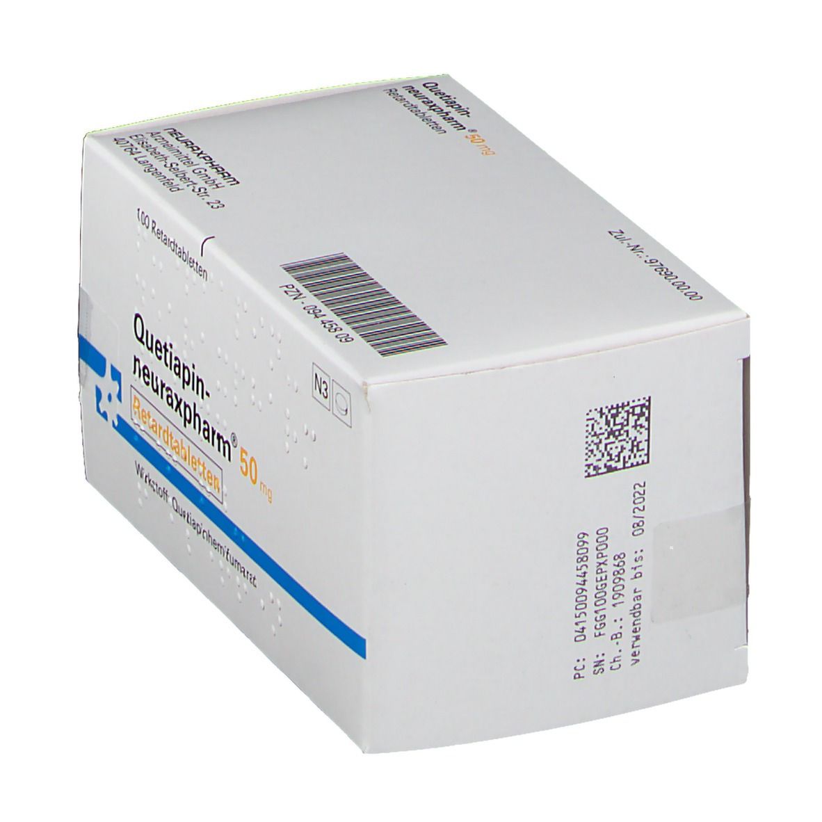 Schachtel QUETIAPIN-NEURAX 50 RET. Weiß, blaue Akzente. Barcode und QR-Code auf der Seite. Enthält 100 Tabletten.
