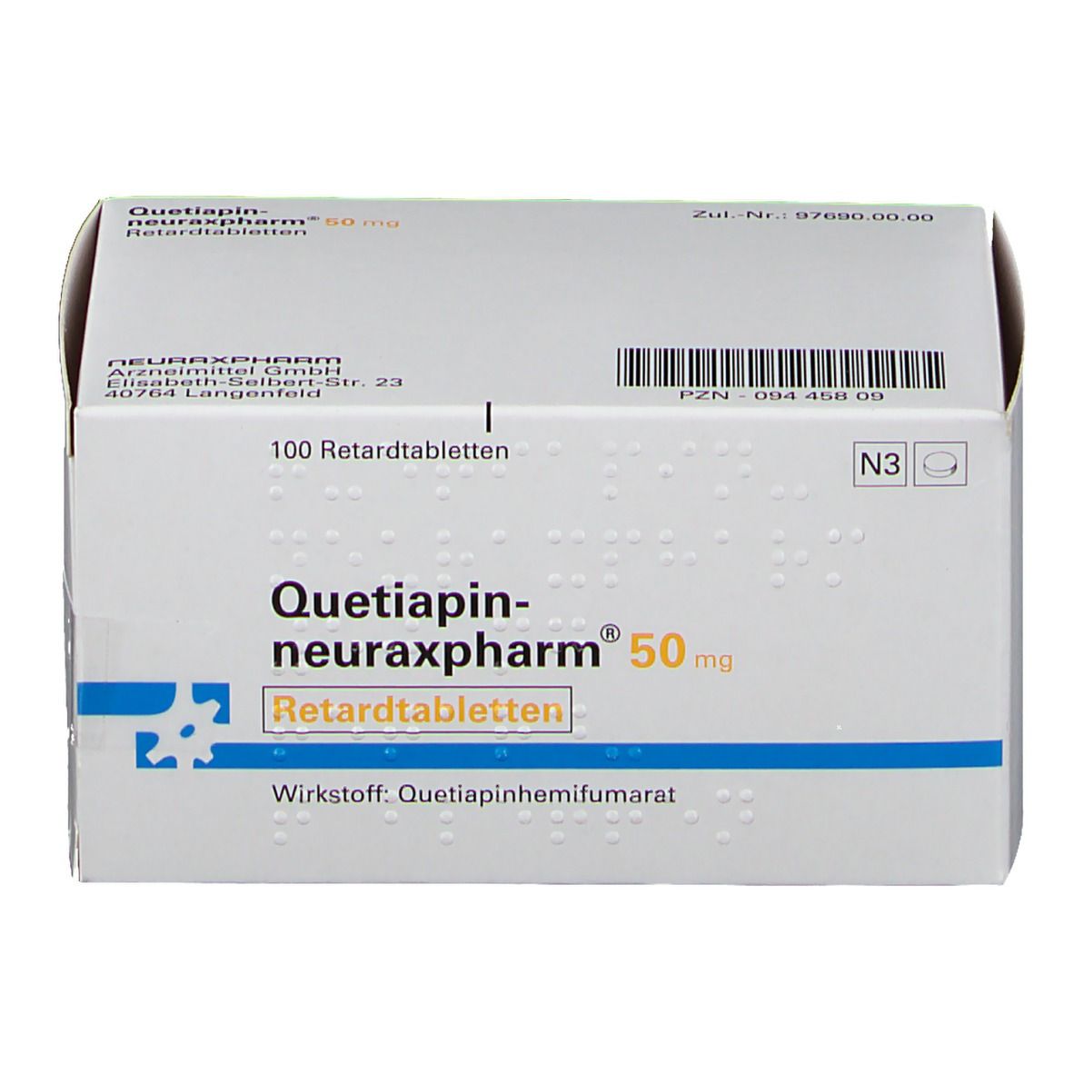 Schachtel QUETIAPIN-NEURAX 50 RET. Weiß, blaue Akzente. Aufschrift: Retardtabletten, 50 mg. Enthält 100 Tabletten.