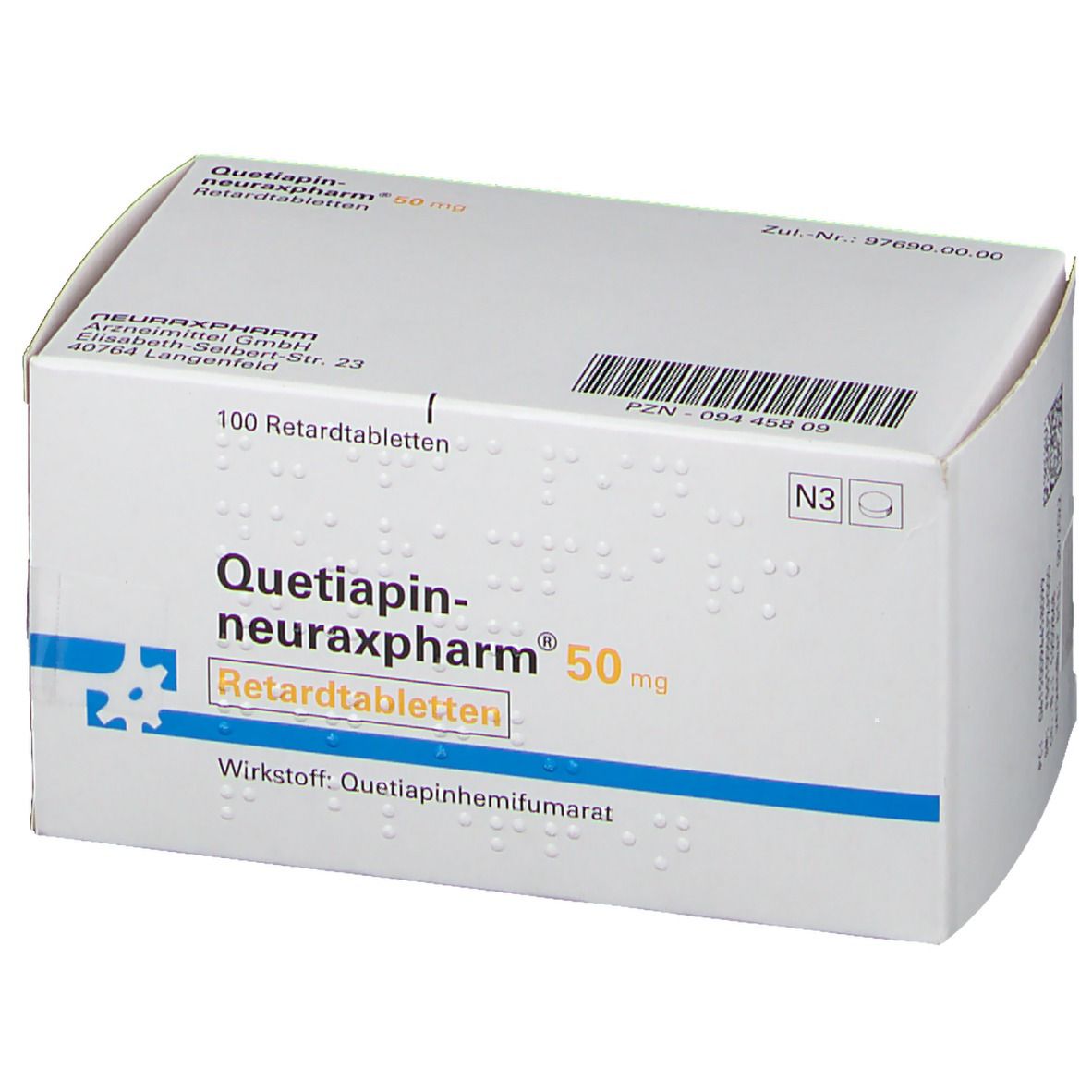 Schachtel QUETIAPIN-NEURAX 50 RET. Weiß, blaue Akzente. Aufschrift: Retardtabletten, 50 mg. Enthält 100 Tabletten.