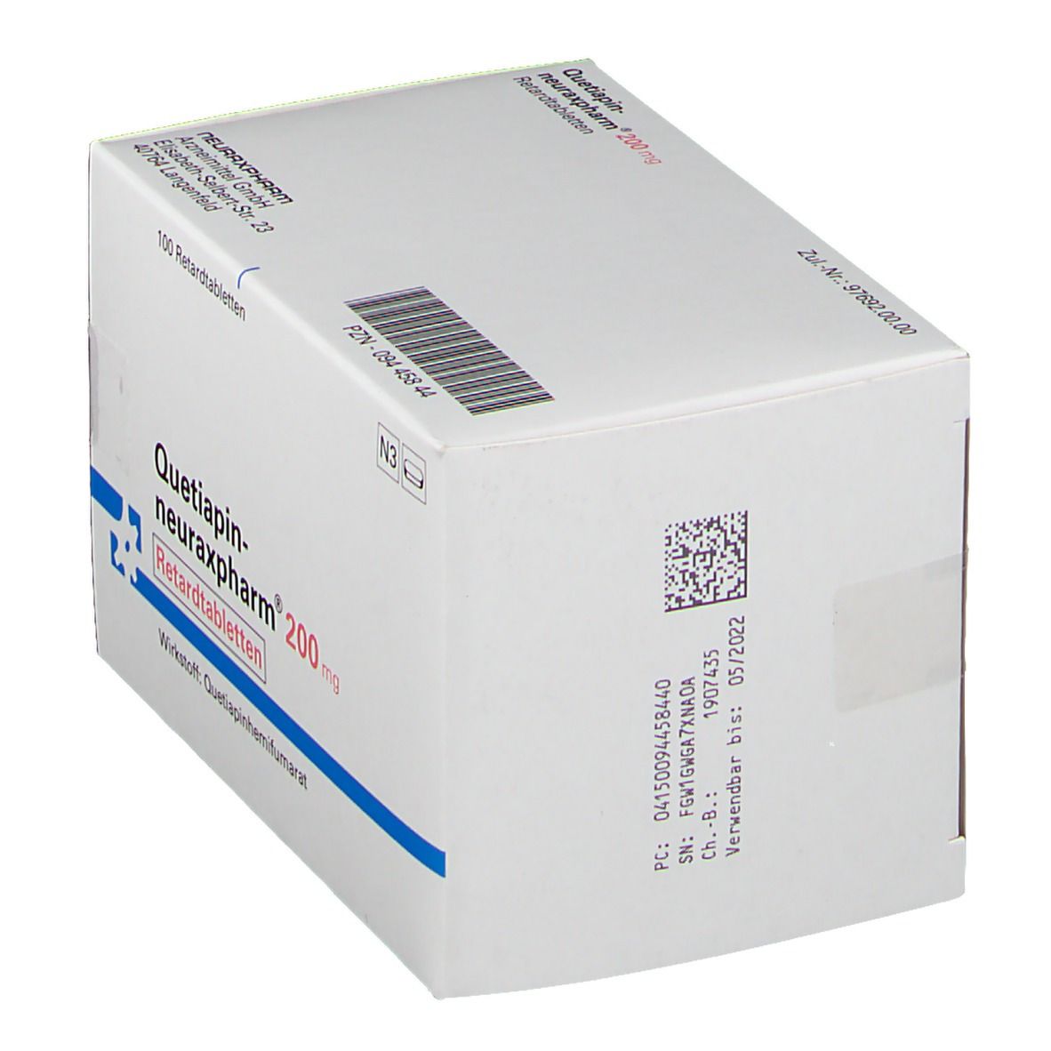 Schachtel QUETIAPIN-NEURAX 200 RET, Seitenansicht. Weiße Verpackung mit blauen Akzenten. Barcode und Verfallsdatum sichtbar.