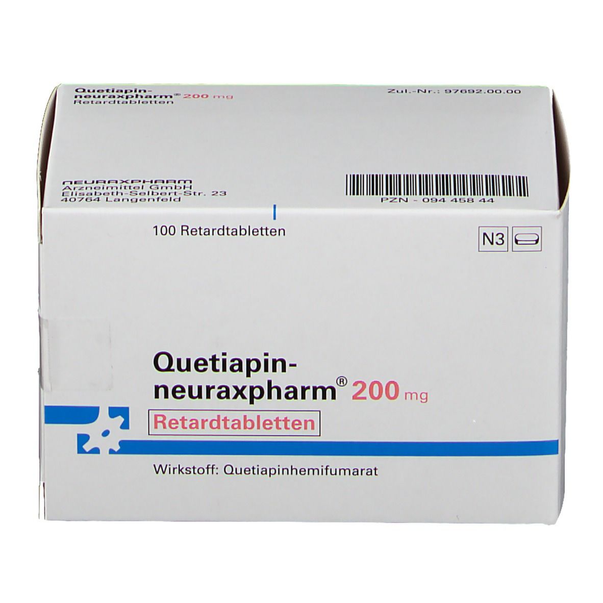 Schachtel mit QUETIAPIN-NEURAX 200 RET. Aufschrift: 200 mg, Retardtabletten. Weiße Verpackung mit blauen Akzenten.