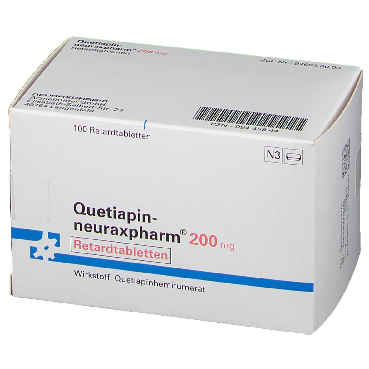 Schachtel QUETIAPIN-NEURAX 200 RET, Seitenansicht. Weiße Verpackung mit blauen Akzenten. Barcode und Verfallsdatum sichtbar.