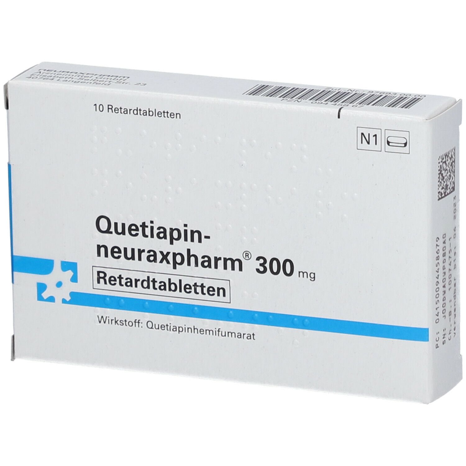 Schachtel mit "Quetiapin-neuraxpharm® 300 mg Retardtabletten". 10 Tabletten. Weiße Schachtel mit blauen Akzenten.