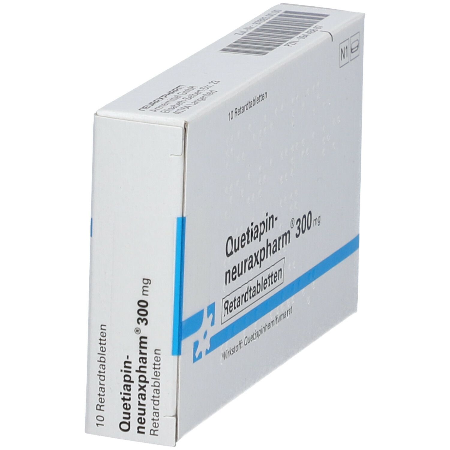 Schachtel "Quetiapin-neuraxpharm® 300 mg Retardtabletten". 10 Tabletten. Weiße Schachtel, seitliche Ansicht mit blauen Akzenten.