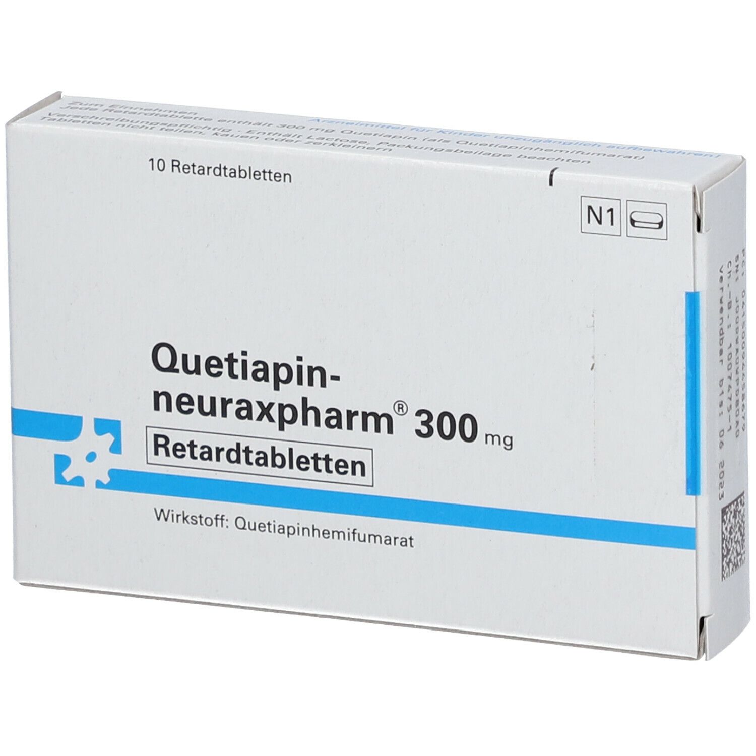 Schachtel "Quetiapin-neuraxpharm® 300 mg Retardtabletten". 10 Tabletten. Weiße Schachtel mit blauen Akzenten.