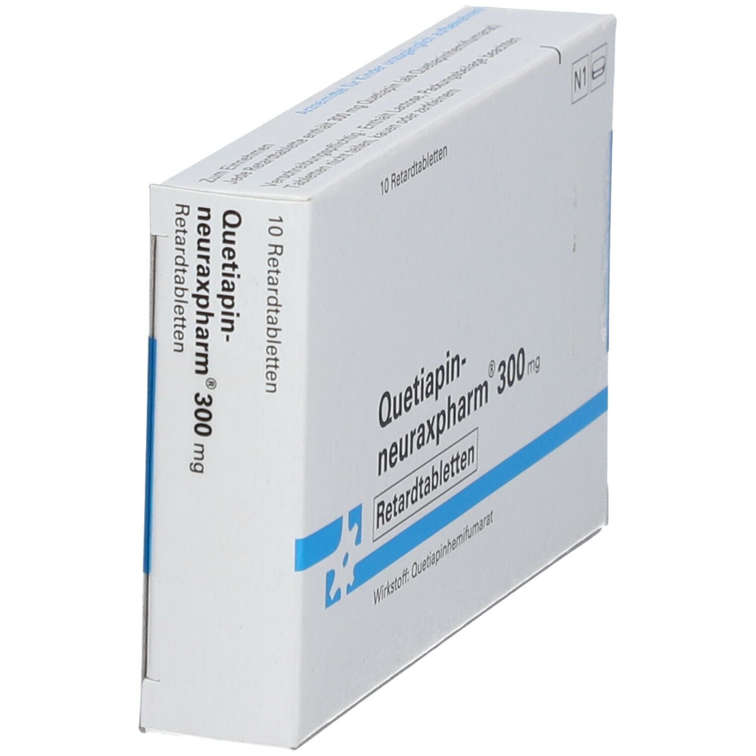 Schachtel "Quetiapin-neuraxpharm® 300 mg Retardtabletten". 10 Tabletten. Weiße Schachtel, seitliche Ansicht mit blauen Akzenten.