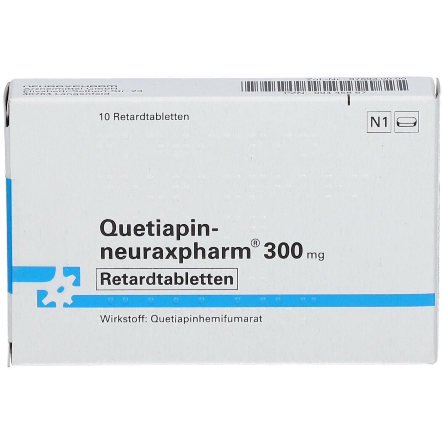 Schachtel "Quetiapin-neuraxpharm® 300 mg Retardtabletten". 10 Tabletten. Weiße Schachtel mit blauen Akzenten.
