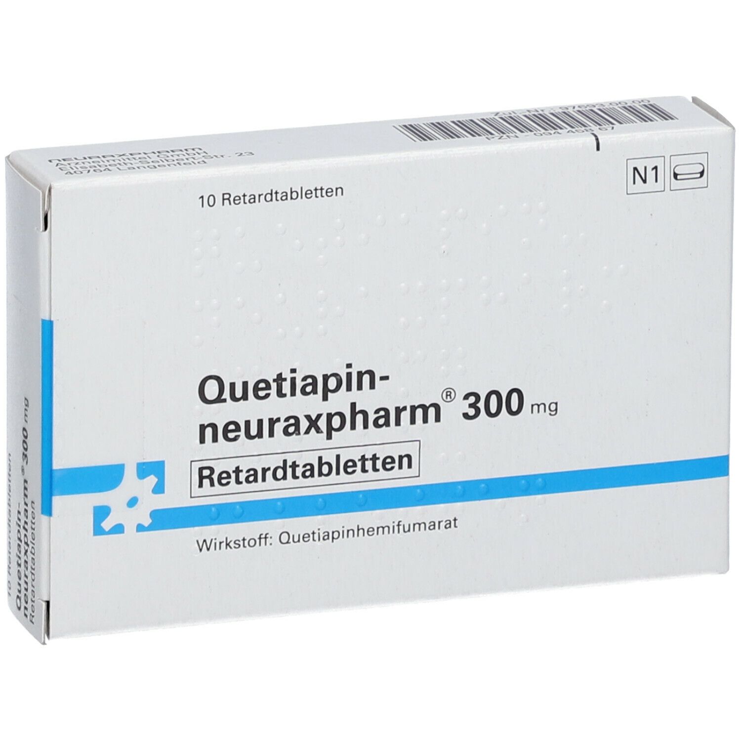 Schachtel "Quetiapin-neuraxpharm® 300 mg Retardtabletten". 10 Tabletten. Weiße Schachtel mit blauen Akzenten.