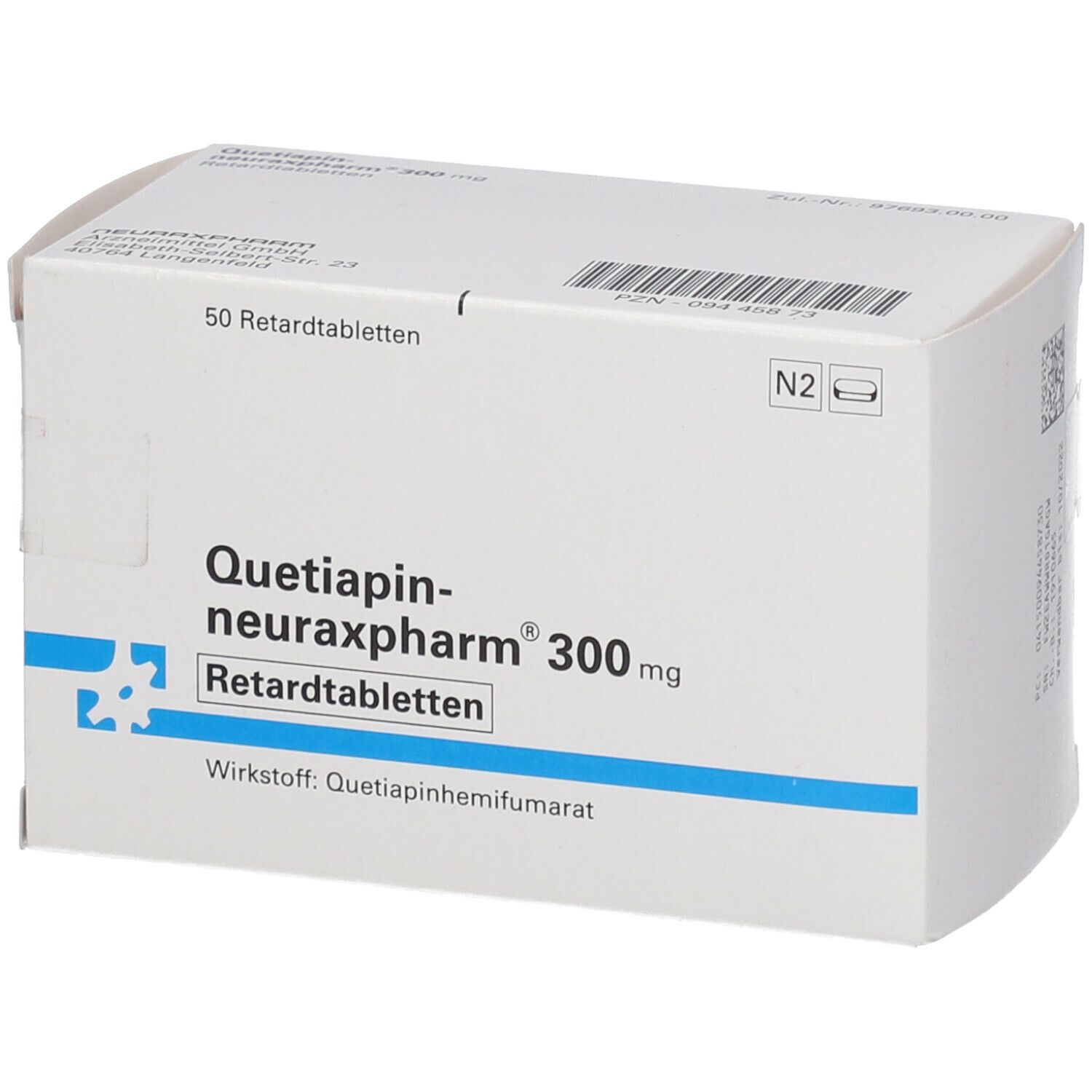 Weiße Faltschachtel mit Aufschrift Quetiapin-neuraxpharm® 300 mg. Enthält 50 Retardtabletten. Wirkstoff: Quetiapinhydrogenfumarat.