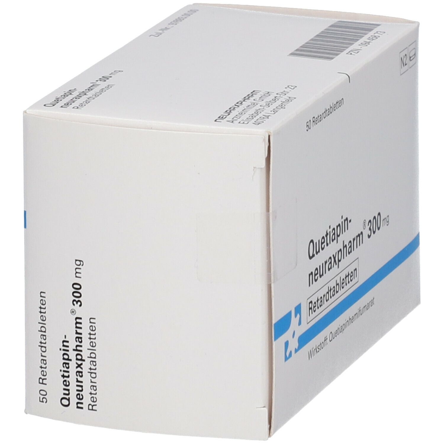 Weiße Faltschachtel mit Aufschrift Quetiapin-neuraxpharm® 300 mg. Enthält 50 Retardtabletten. Wirkstoff: Quetiapinhydrogenfumarat.