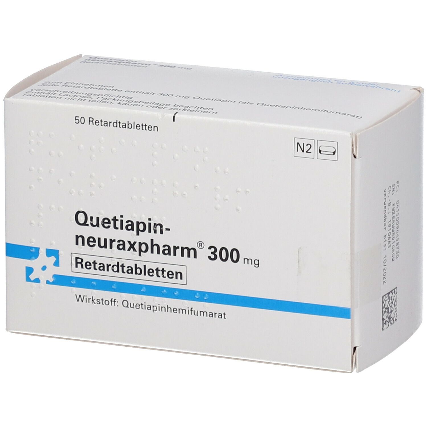 Weiße Faltschachtel mit Aufschrift Quetiapin-neuraxpharm® 300 mg. Enthält 50 Retardtabletten. Wirkstoff: Quetiapinhydrogenfumarat.