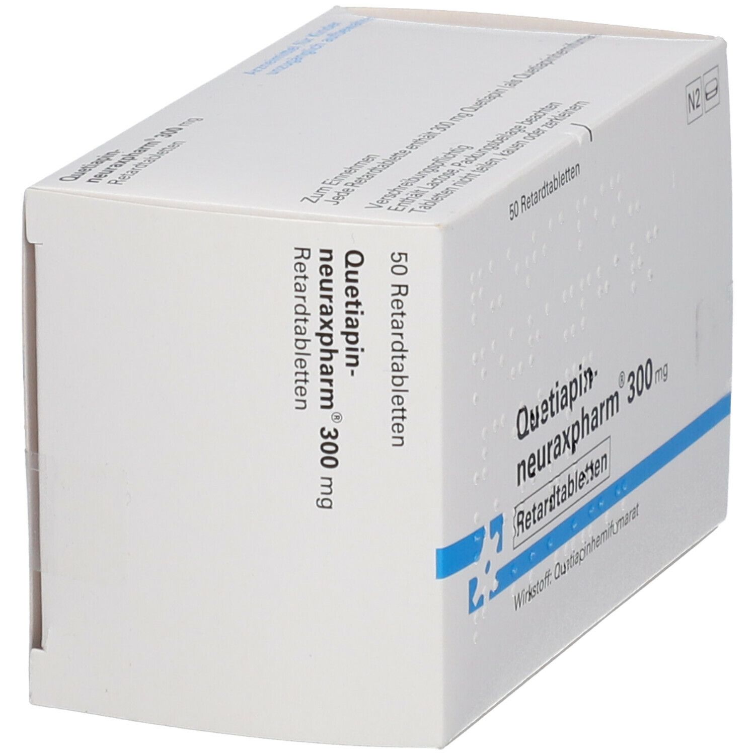 Weiße Faltschachtel mit Aufschrift Quetiapin-neuraxpharm® 300 mg. Enthält 50 Retardtabletten. Wirkstoff: Quetiapinhydrogenfumarat.