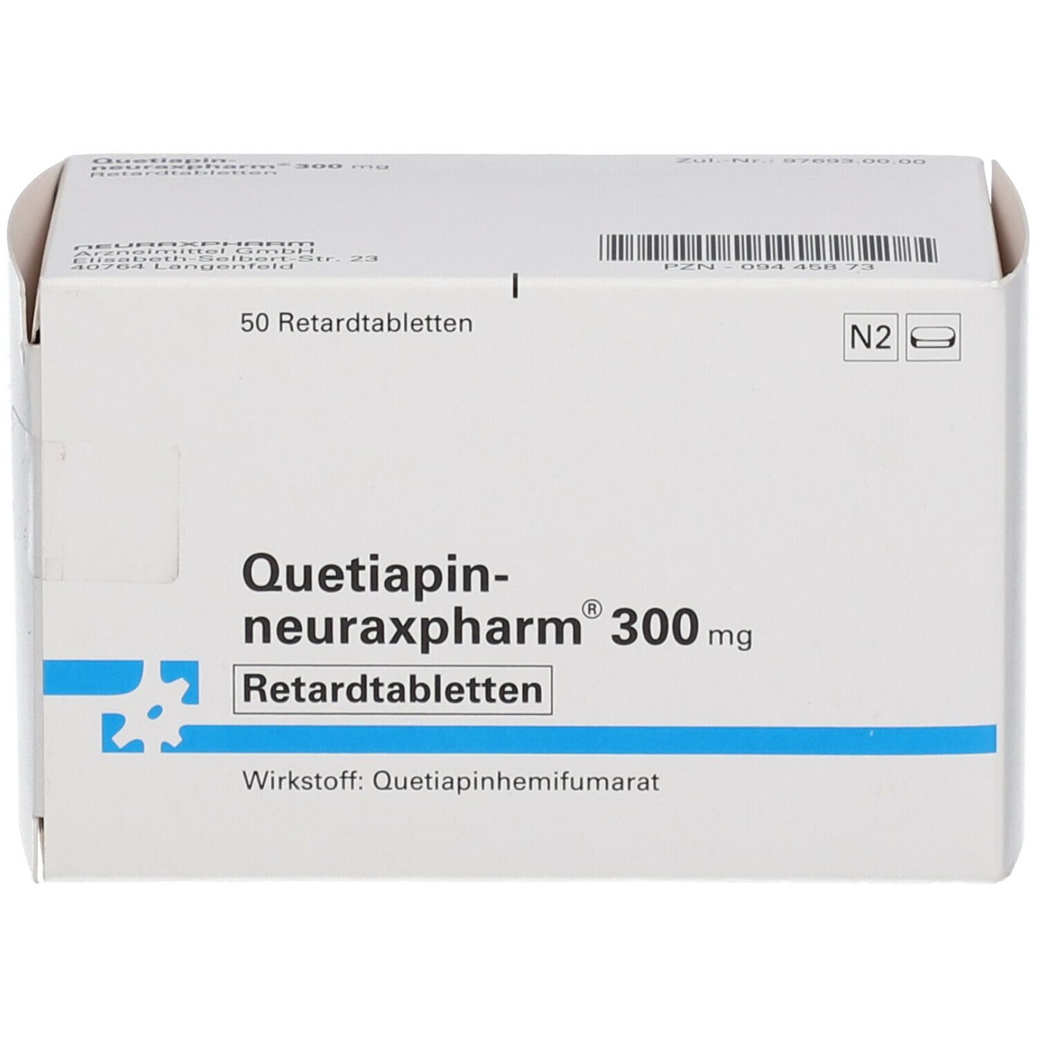 Weiße Faltschachtel mit Aufschrift Quetiapin-neuraxpharm® 300 mg. Enthält 50 Retardtabletten. Wirkstoff: Quetiapinhydrogenfumarat.