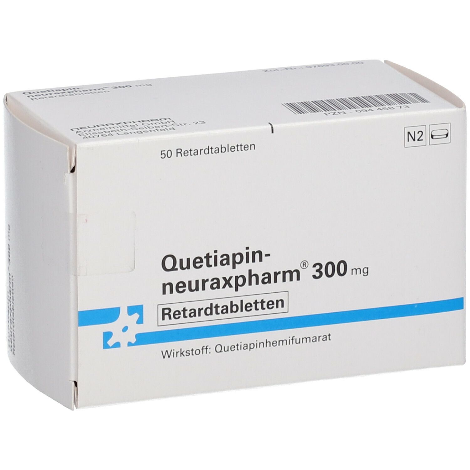 Weiße Faltschachtel mit Aufschrift Quetiapin-neuraxpharm® 300 mg. Enthält 50 Retardtabletten. Wirkstoff: Quetiapinhydrogenfumarat.