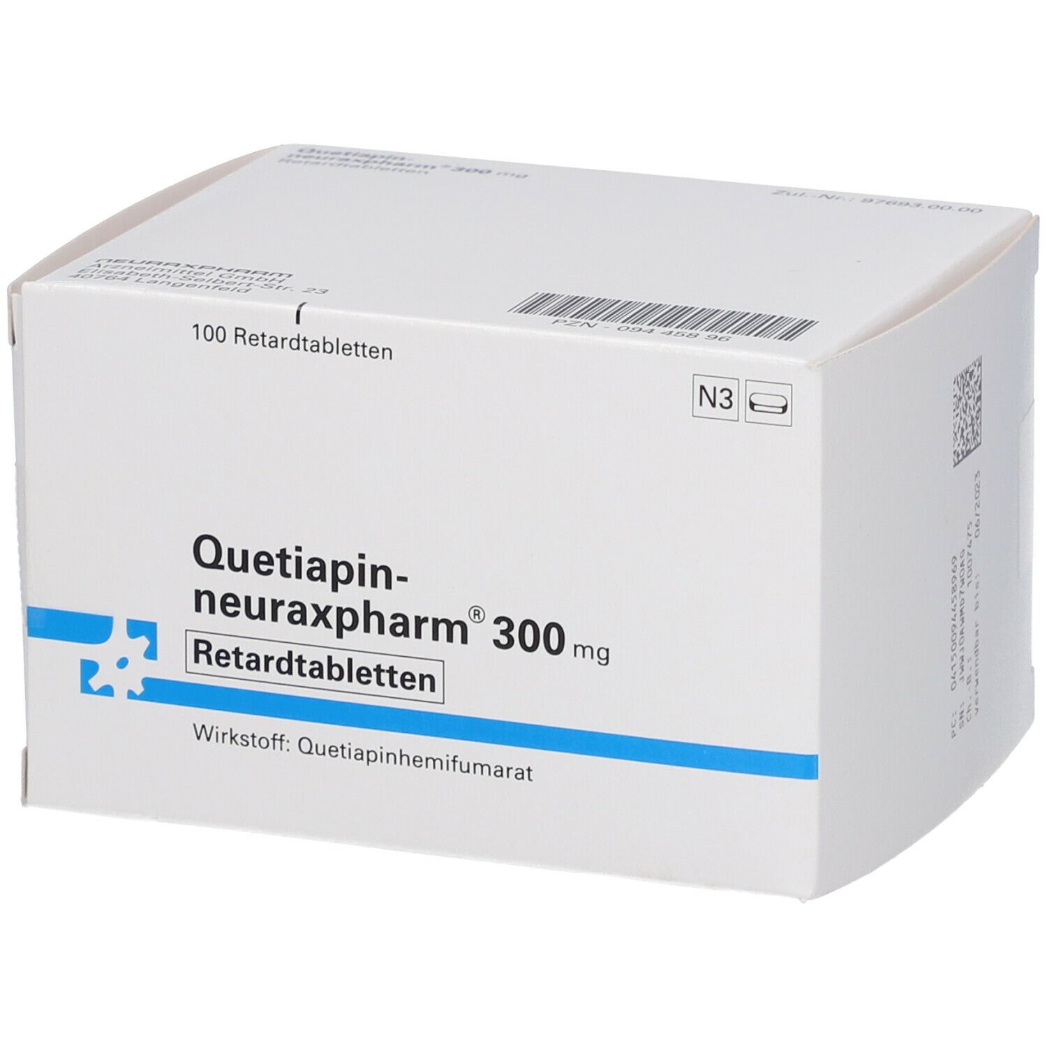 Weiße Schachtel mit blauer und schwarzer Schrift. Aufschrift: Quetiapin-neuraxpharm® 300 mg Retardtabletten. 100 Retardtabletten.