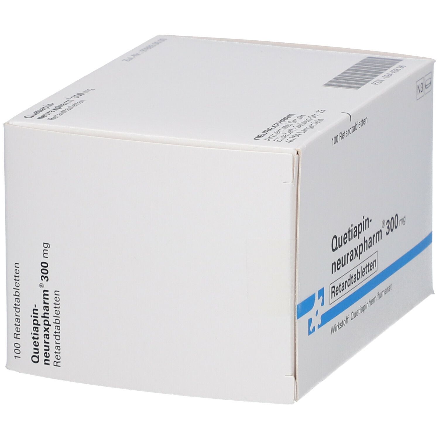 Weiße Schachtel mit blauer und schwarzer Schrift. Aufschrift: Quetiapin-neuraxpharm® 300 mg Retardtabletten. 100 Retardtabletten.