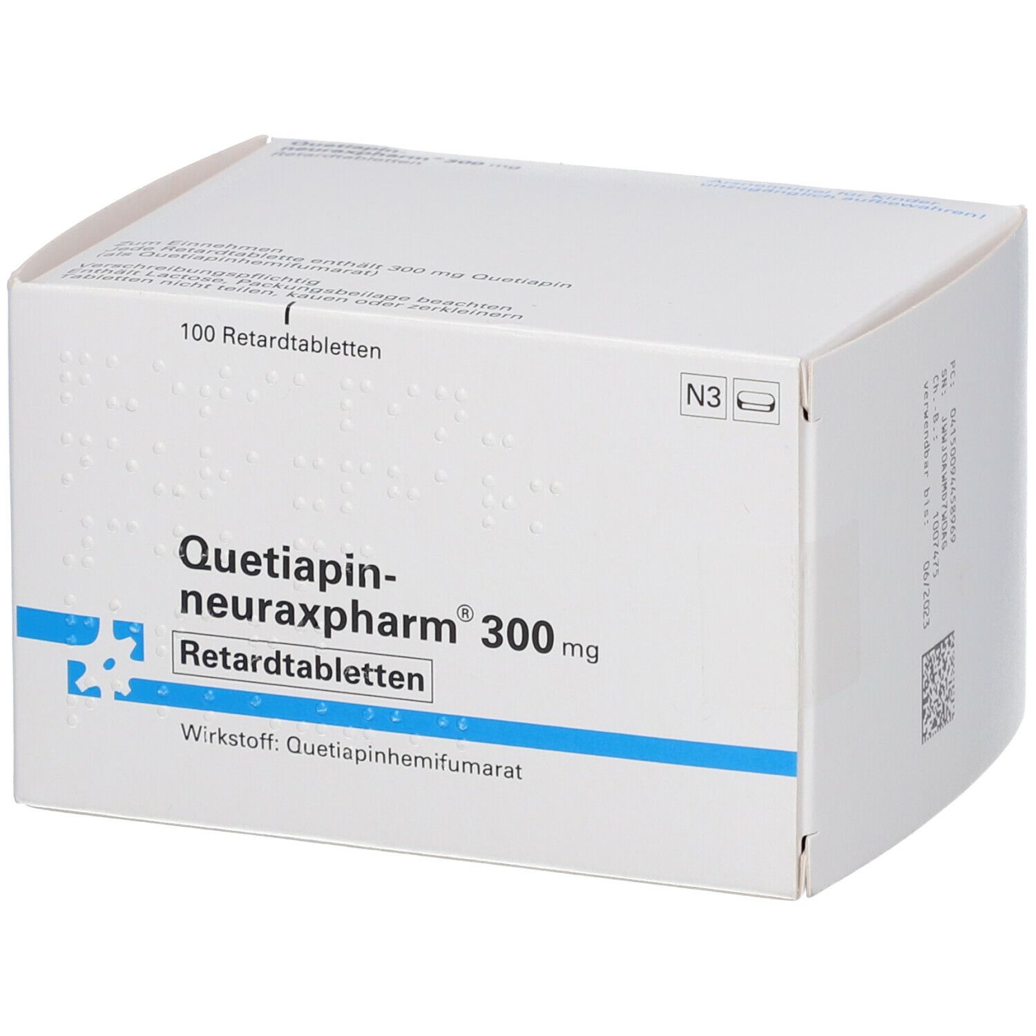 Weiße Schachtel mit blauer und schwarzer Schrift. Aufschrift: Quetiapin-neuraxpharm® 300 mg Retardtabletten. 100 Retardtabletten.