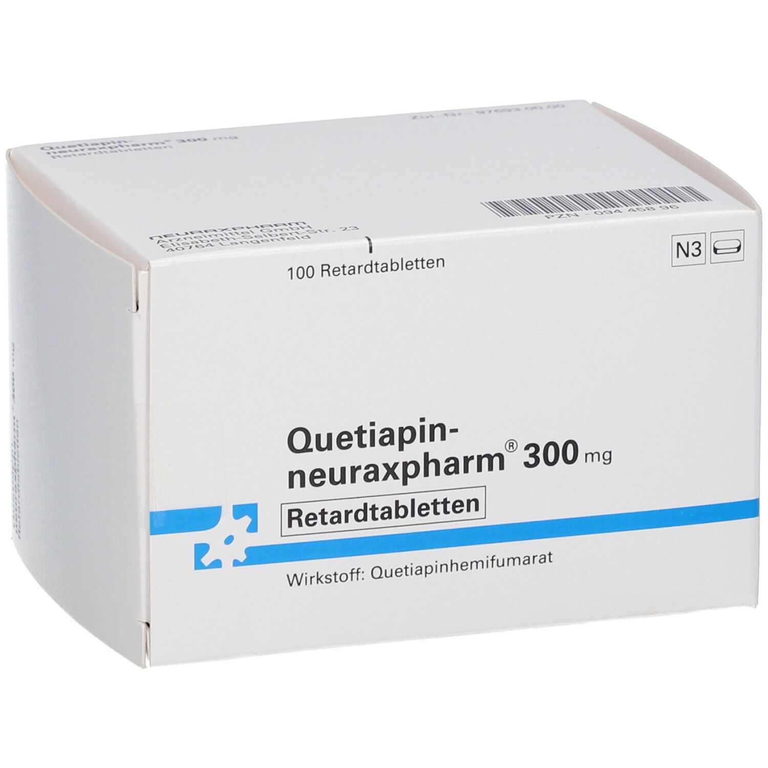 Weiße Schachtel mit blauer und schwarzer Schrift. Aufschrift: Quetiapin-neuraxpharm® 300 mg Retardtabletten. 100 Retardtabletten.