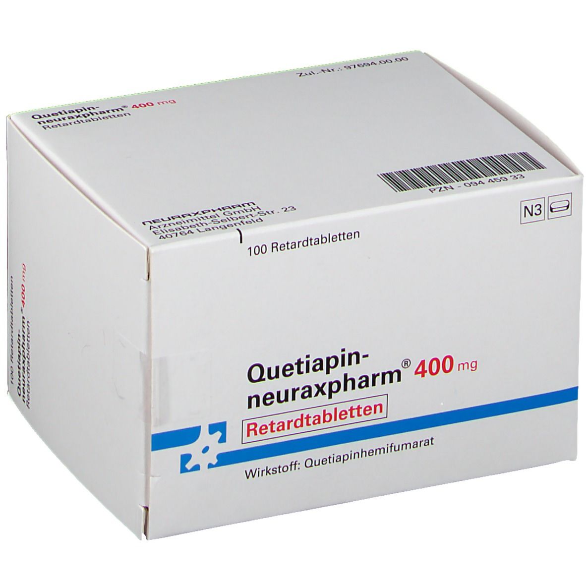 Weiße Faltschachtel mit Aufschrift 'Quetiapin-neuraxpharm 400 mg'. Enthält 100 Retardtabletten. PZN und Barcode.