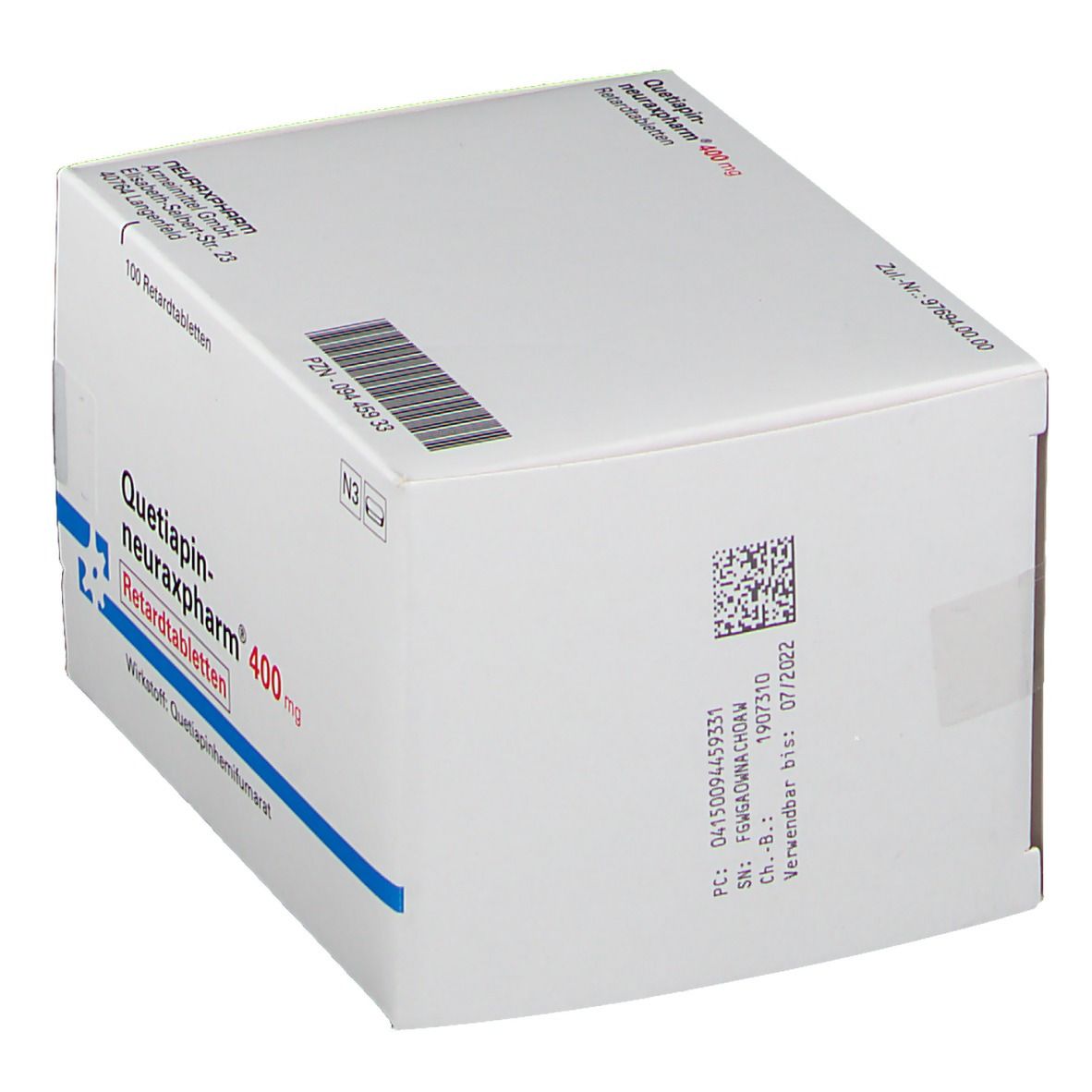Weiße Faltschachtel mit 'Quetiapin-neuraxpharm 400 mg'. Enthält 100 Retardtabletten. Barcode und Haltbarkeitsdatum.