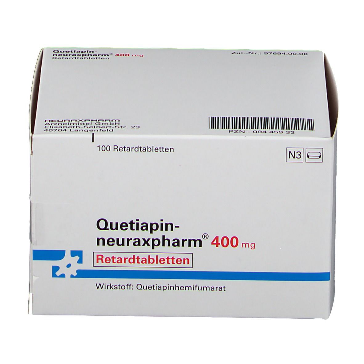 Weiße Faltschachtel mit 'Quetiapin-neuraxpharm 400 mg'. Enthält 100 Retardtabletten. PZN und Barcode.
