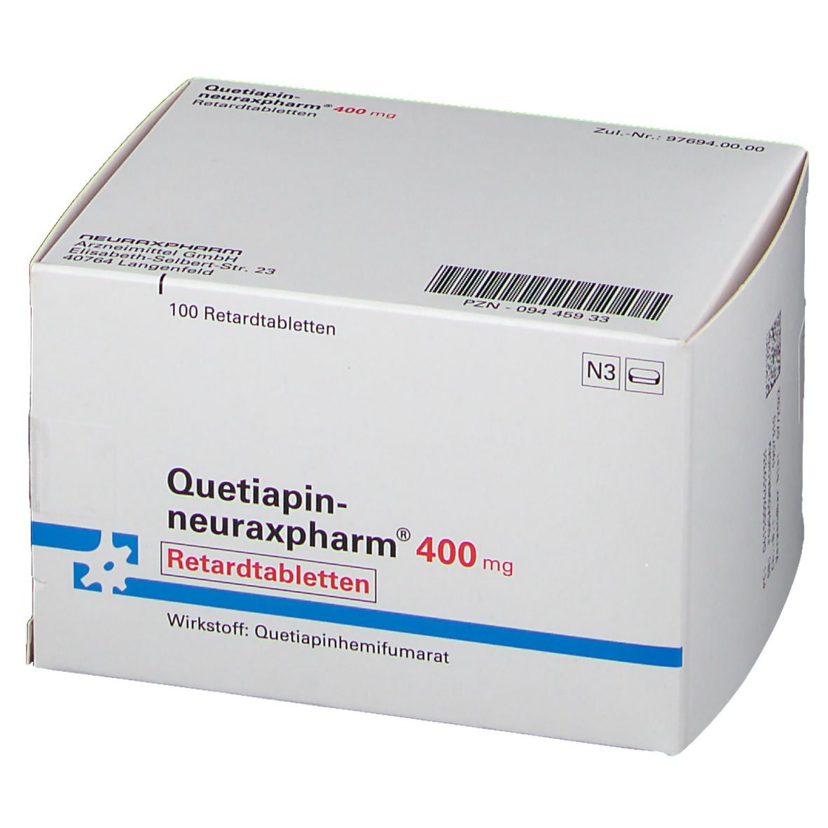 Weiße Faltschachtel mit 'Quetiapin-neuraxpharm 400 mg'. Enthält 100 Retardtabletten. PZN und Barcode.